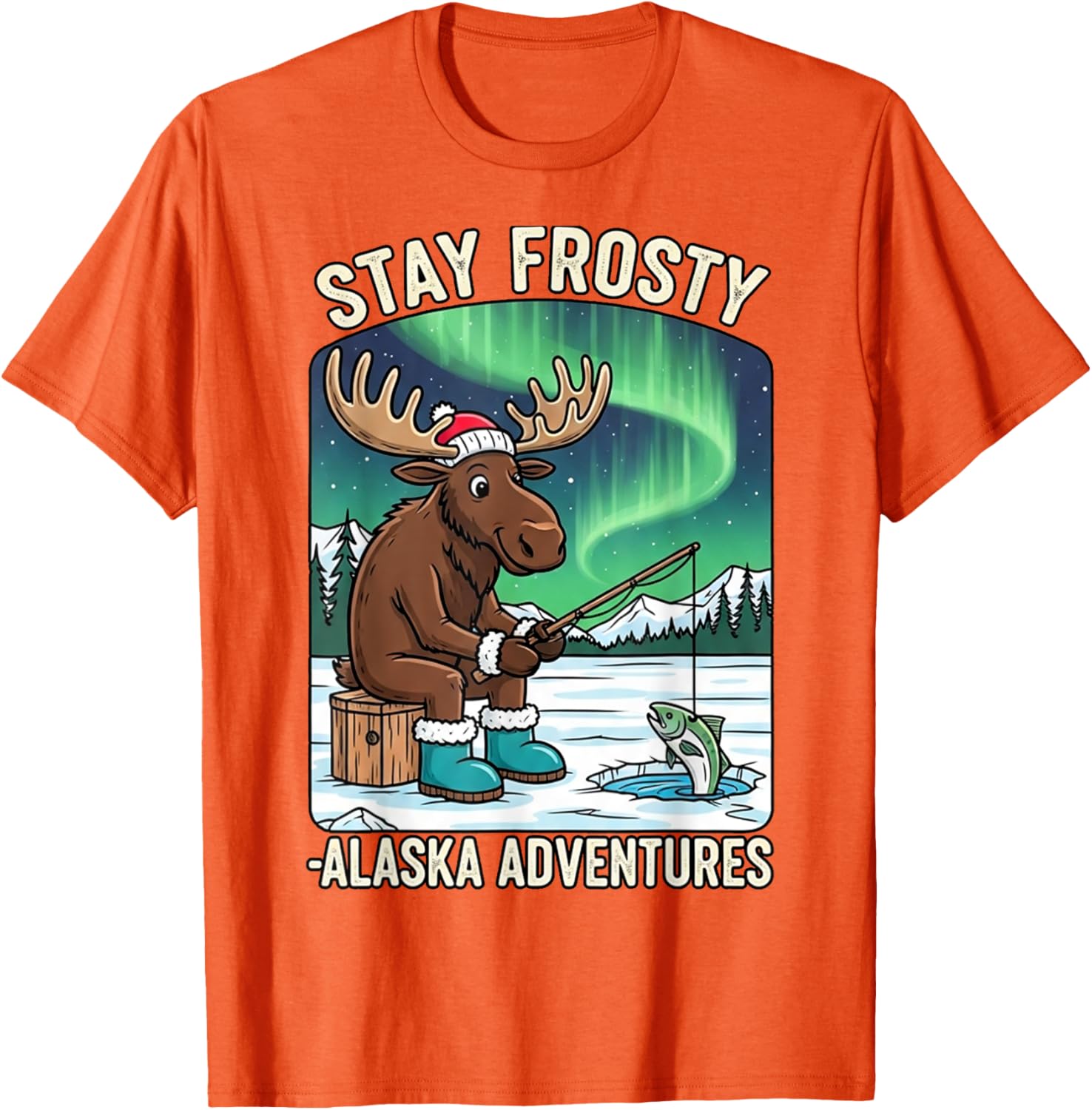 Stay Cold Frosty Moose Ice Fishing T-Shirt for Alaska Winter Adventures - 17
