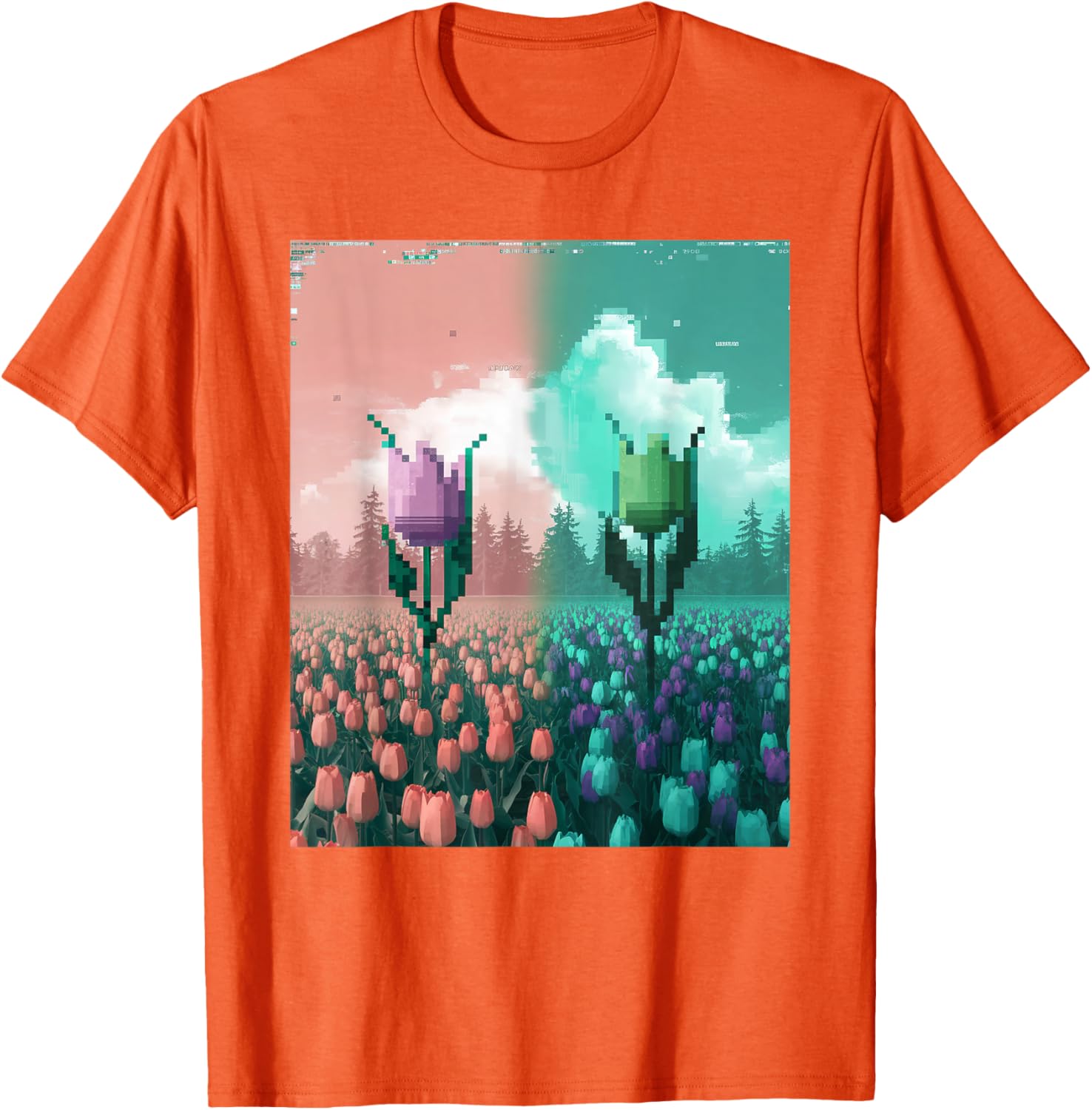 Pixel Tulip Retro Glitch Art T-Shirt for a Vibrant Easter Spring Look - 23