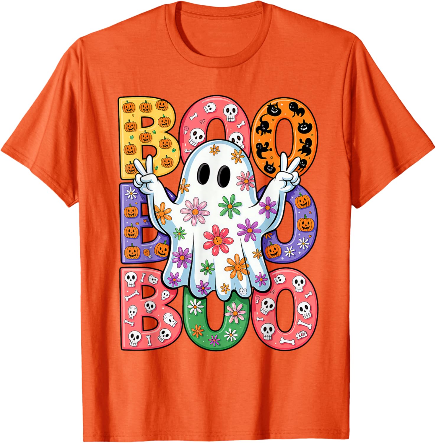 Cute Ghost Floral Halloween T-Shirt for Kids - Spooky Season Fun - 10