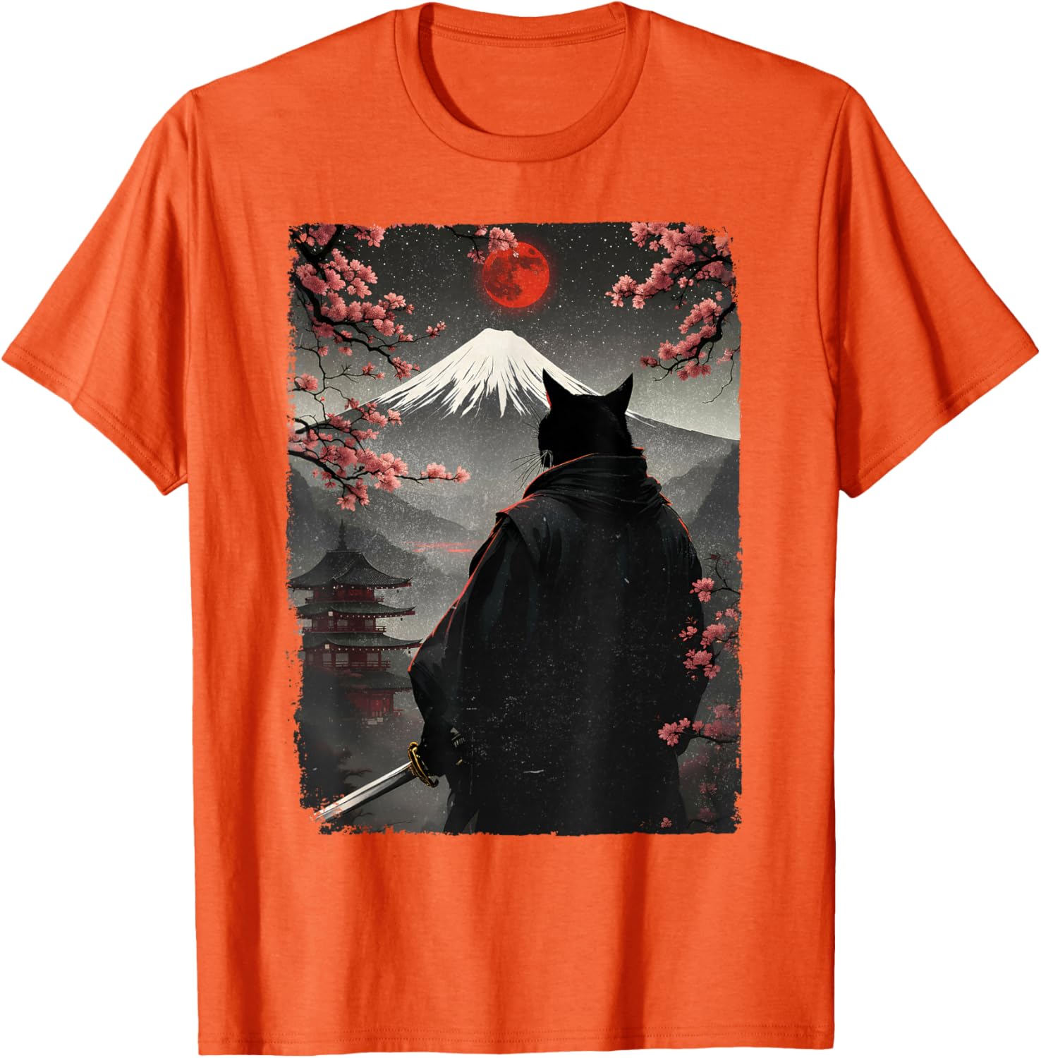 Samurai Cat Warrior Graphic T-Shirt with Blood Moon and Mount Fuji Design - 1