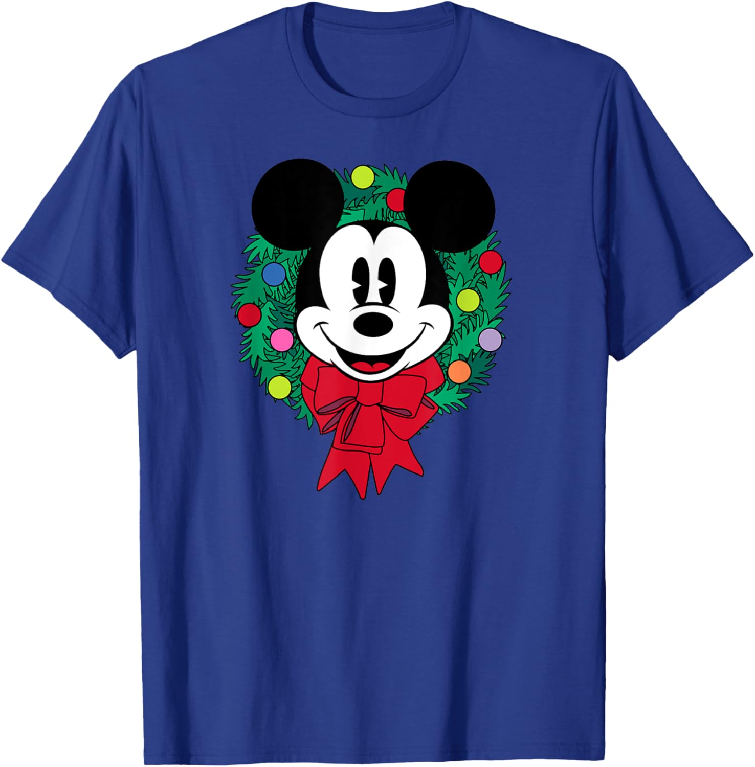 Festive Mickey Mouse Christmas Wreath T-Shirt for Men, Blue Small - 7