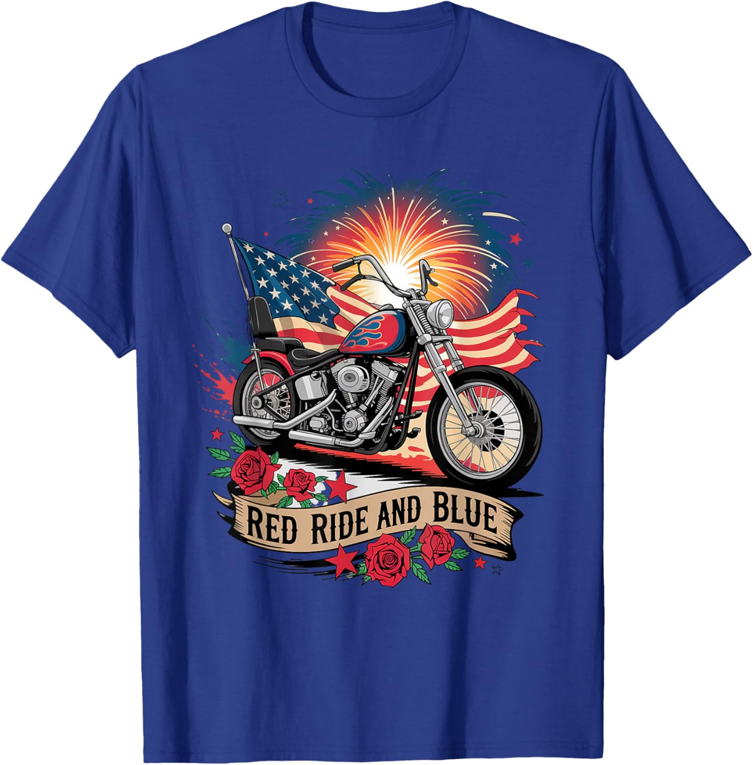Patriotic USA Biker T-Shirt with Red Ride & Blue American Flag Design - 3