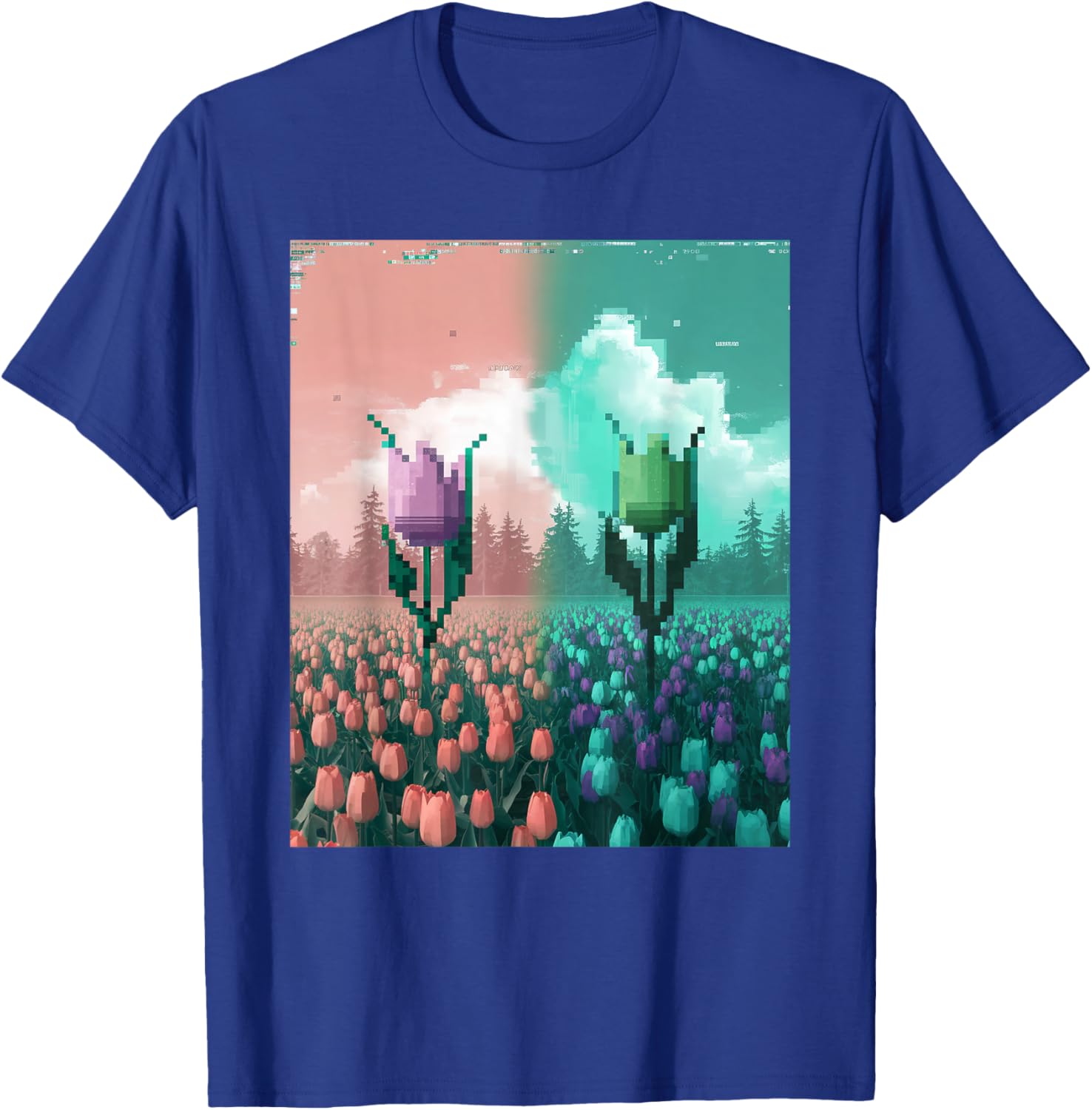 Pixel Tulip Retro Glitch Art T-Shirt for a Vibrant Easter Spring Look - 19