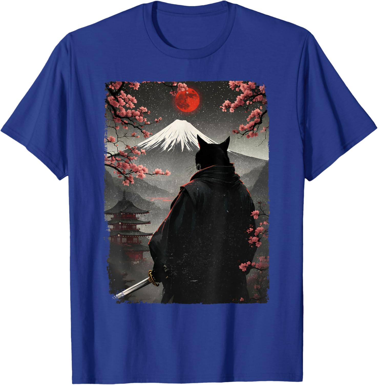 Samurai Cat Warrior Graphic T-Shirt with Blood Moon and Mount Fuji Design - 20