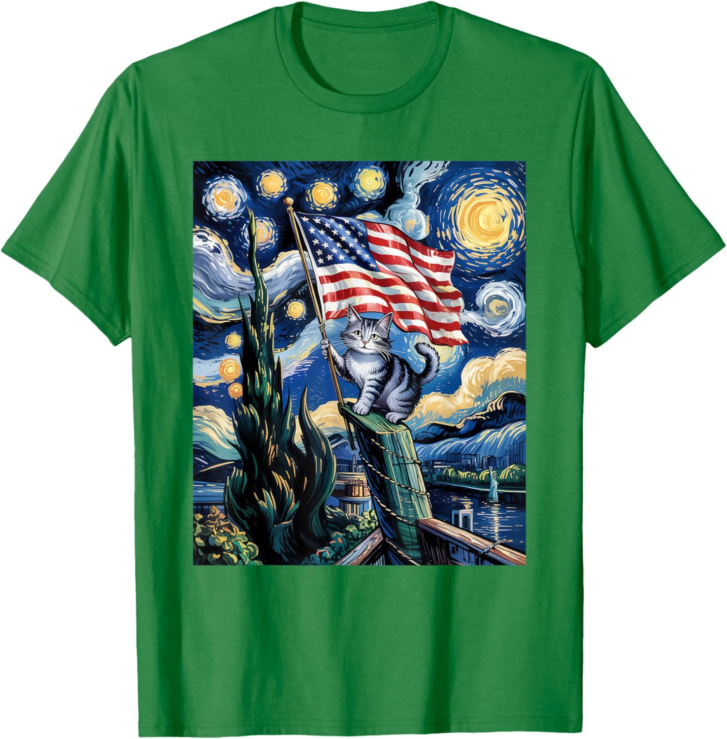 Starry Night Patriotic Cat T-Shirt for 4th of July Celebrate in Style - 15