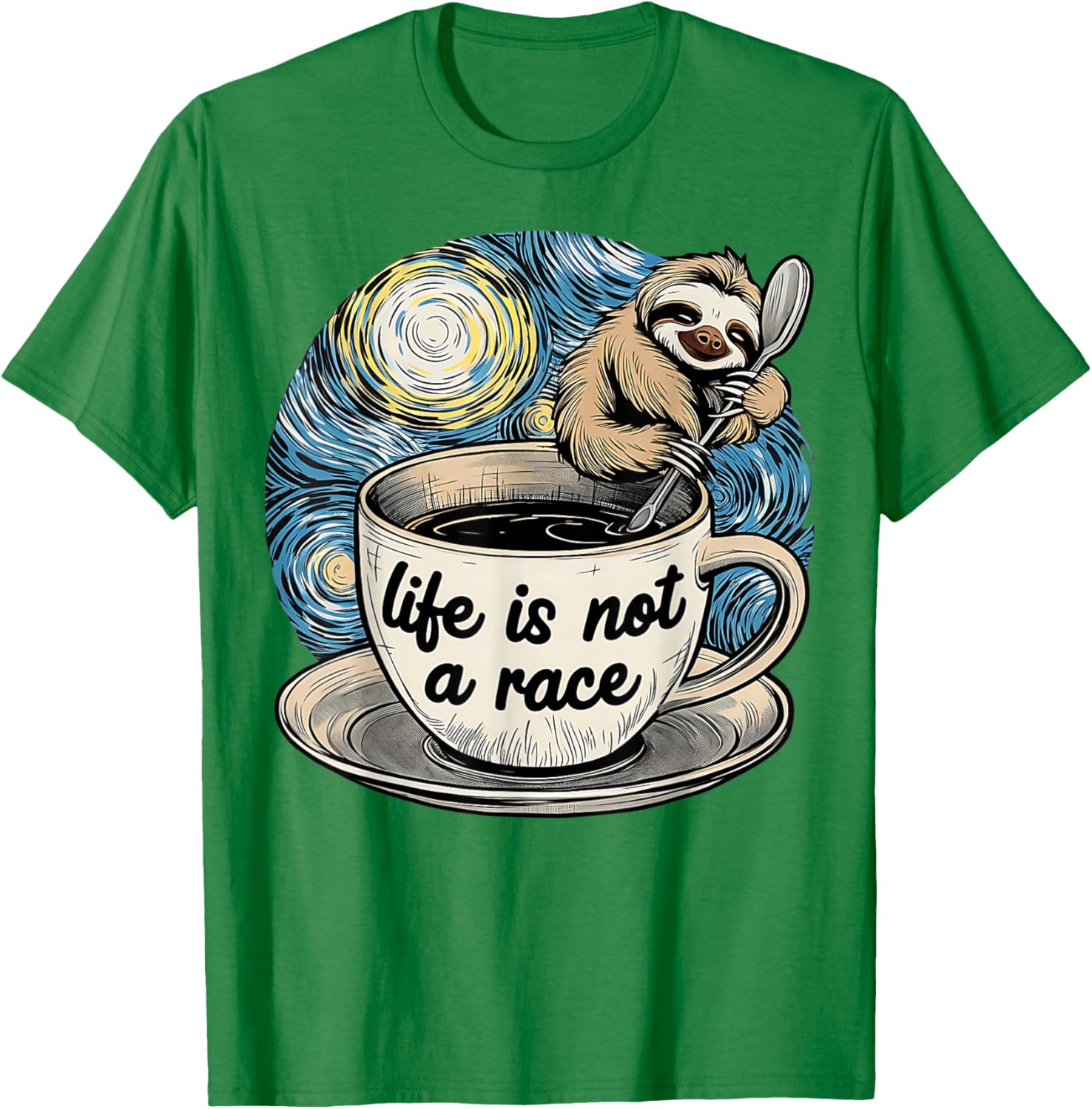 Van Gogh Starry Night Sloth Coffee T-Shirt Life Is Not A Race - 9