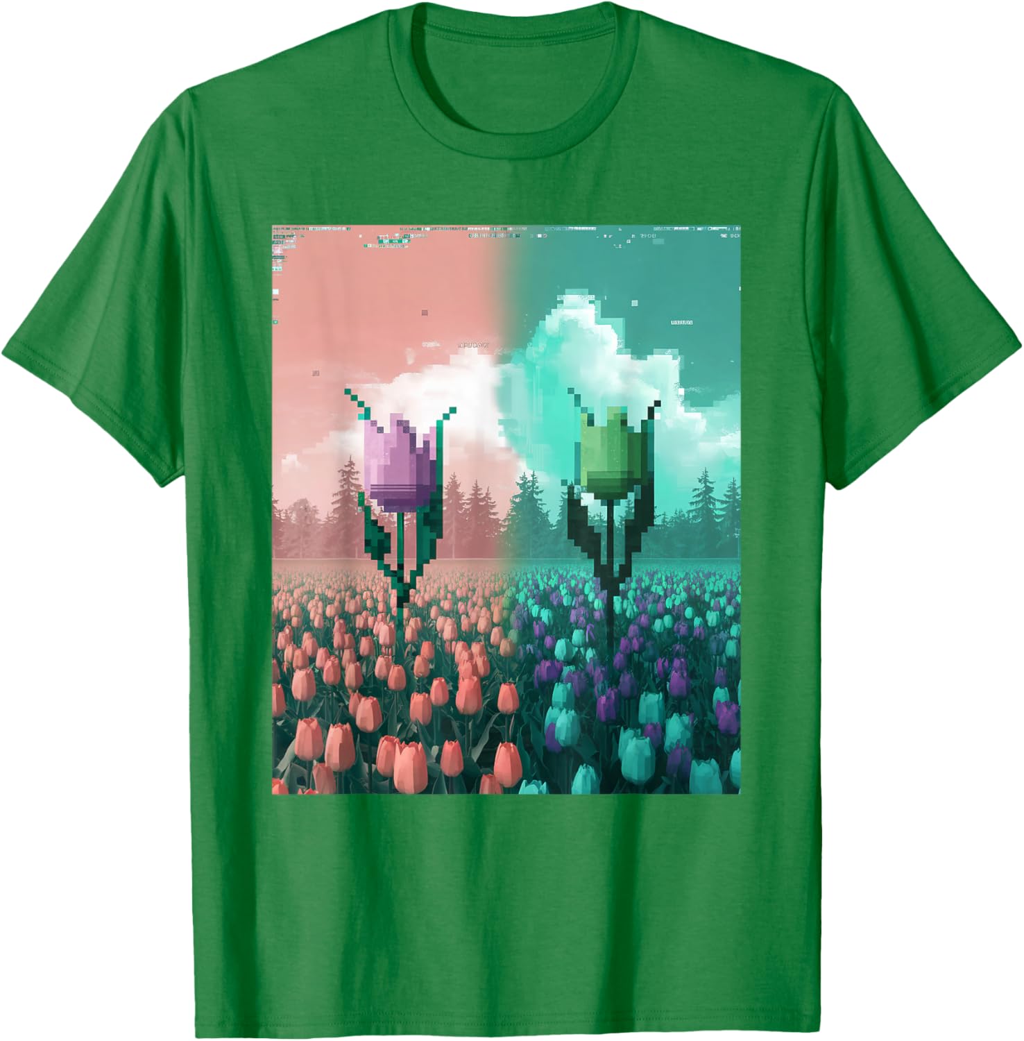 Pixel Tulip Retro Glitch Art T-Shirt for a Vibrant Easter Spring Look - 3