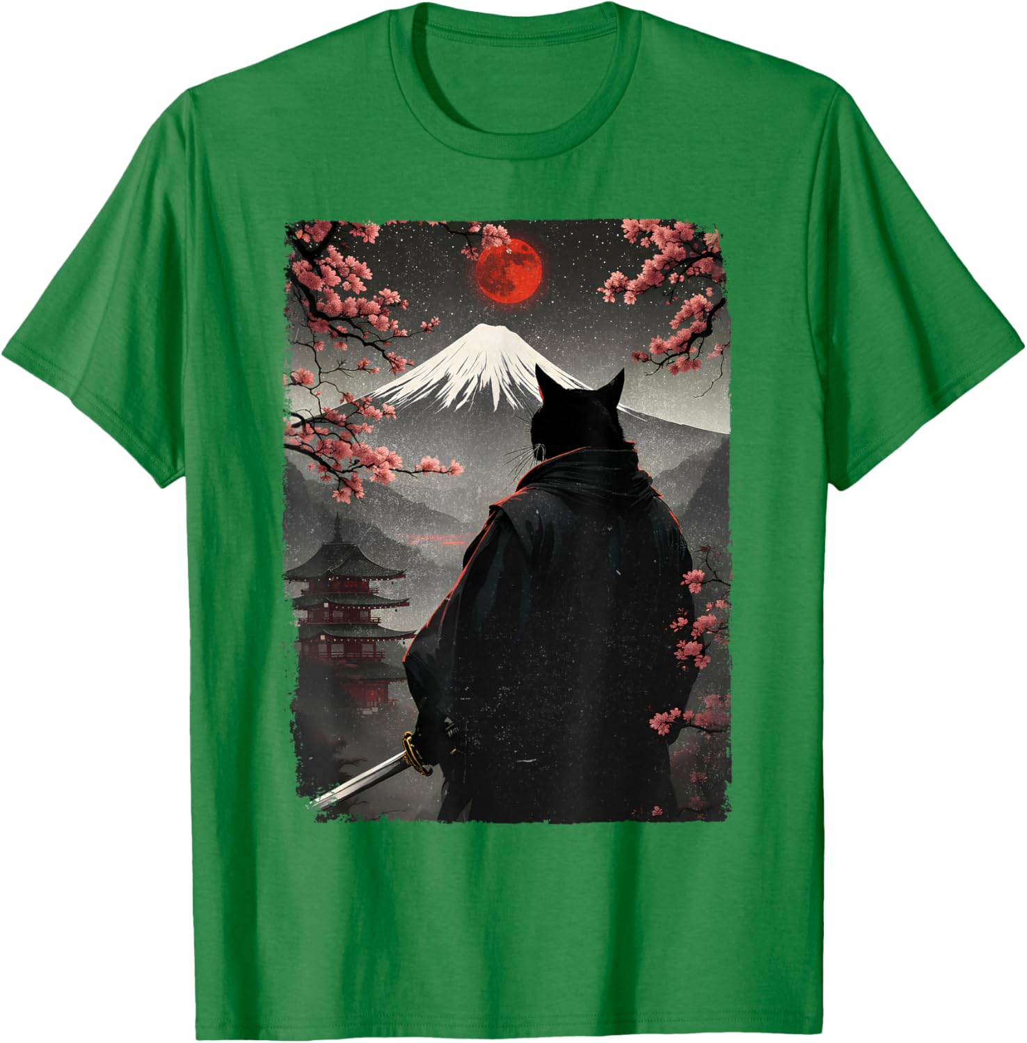 Samurai Cat Warrior Graphic T-Shirt with Blood Moon and Mount Fuji Design - 24