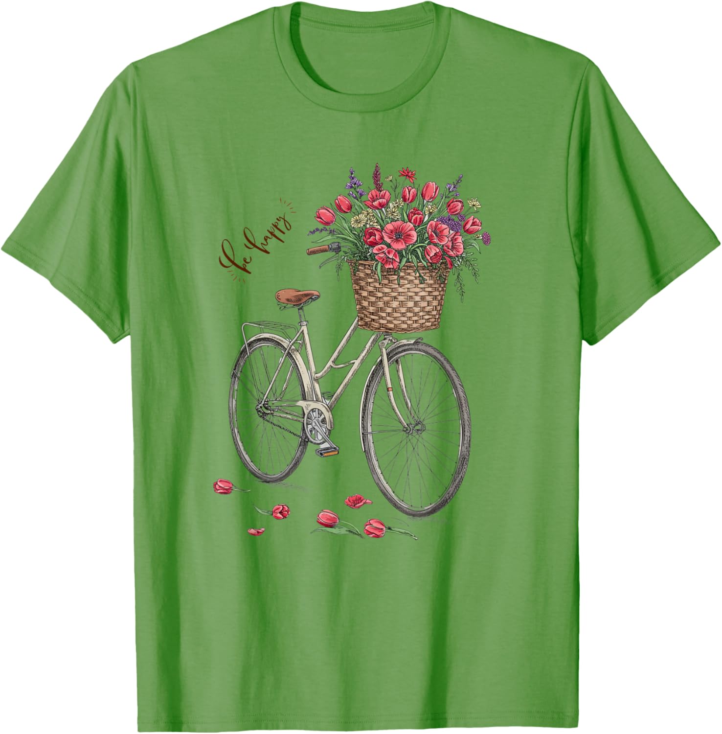 Vintage Bicycle Flower Basket Be Happy T-Shirt for Women Spring 2025 - 2