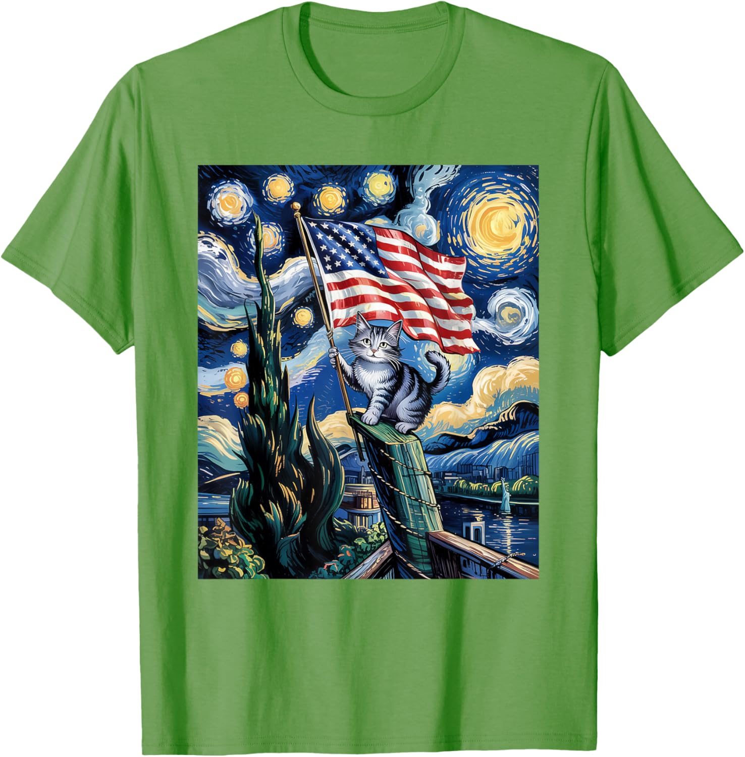 Starry Night Patriotic Cat T-Shirt for 4th of July Celebrate in Style - 1