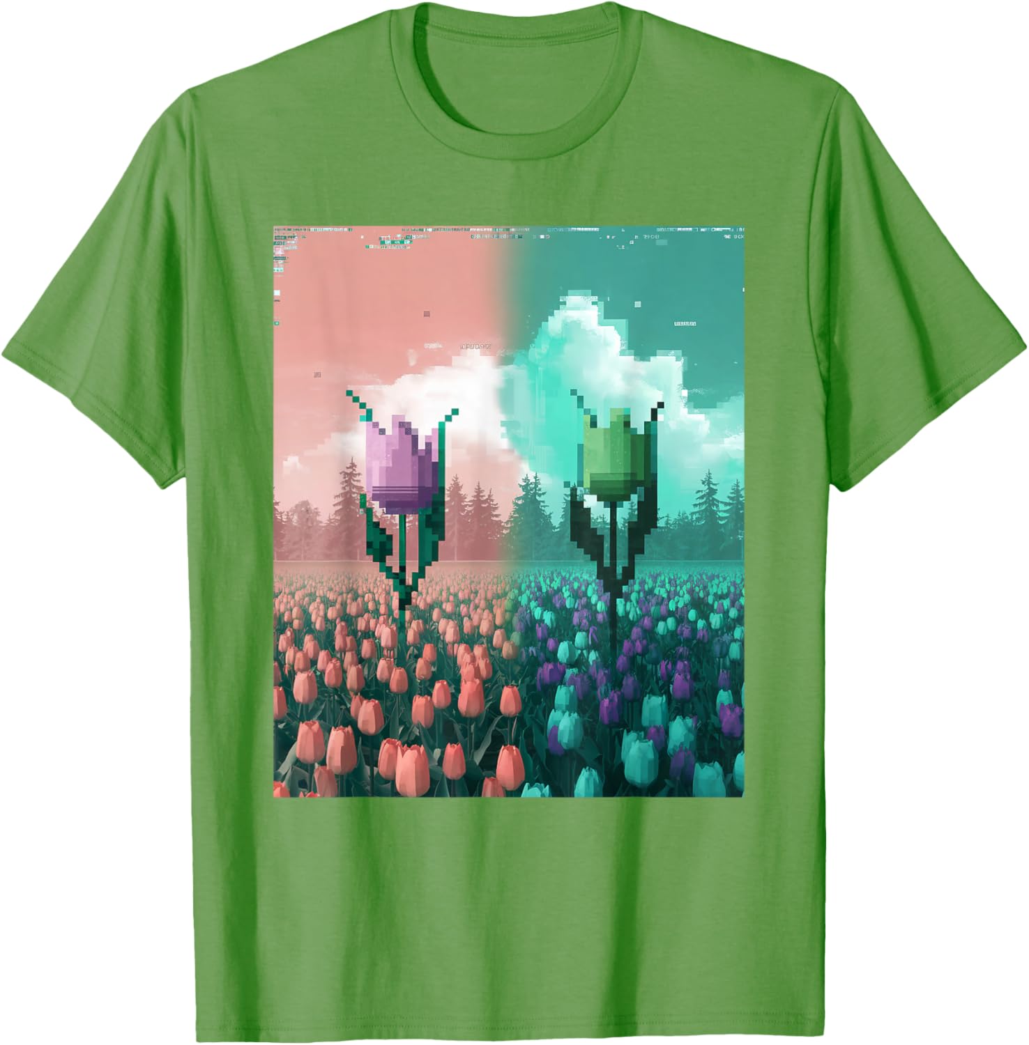 Pixel Tulip Retro Glitch Art T-Shirt for a Vibrant Easter Spring Look - 22