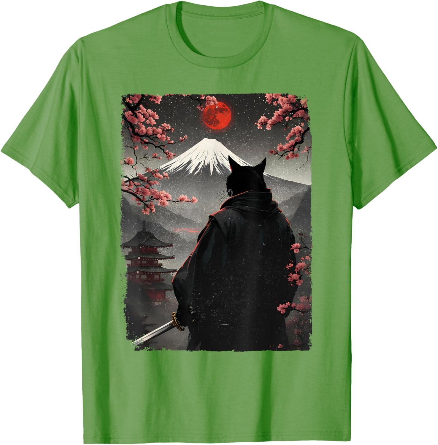 Samurai Cat Warrior Graphic T-Shirt with Blood Moon and Mount Fuji Design - 4