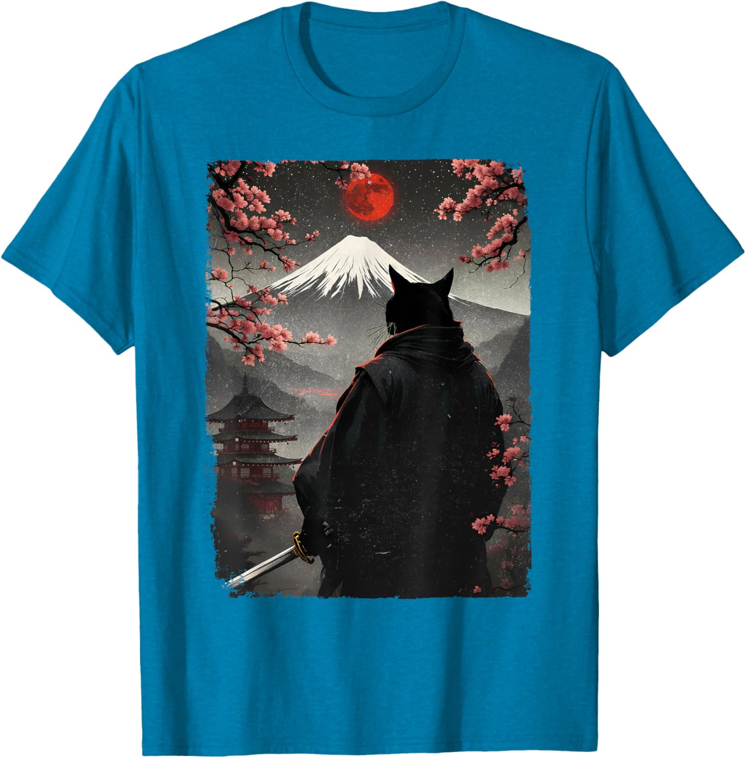 Samurai Cat Warrior Graphic T-Shirt with Blood Moon and Mount Fuji Design - 16