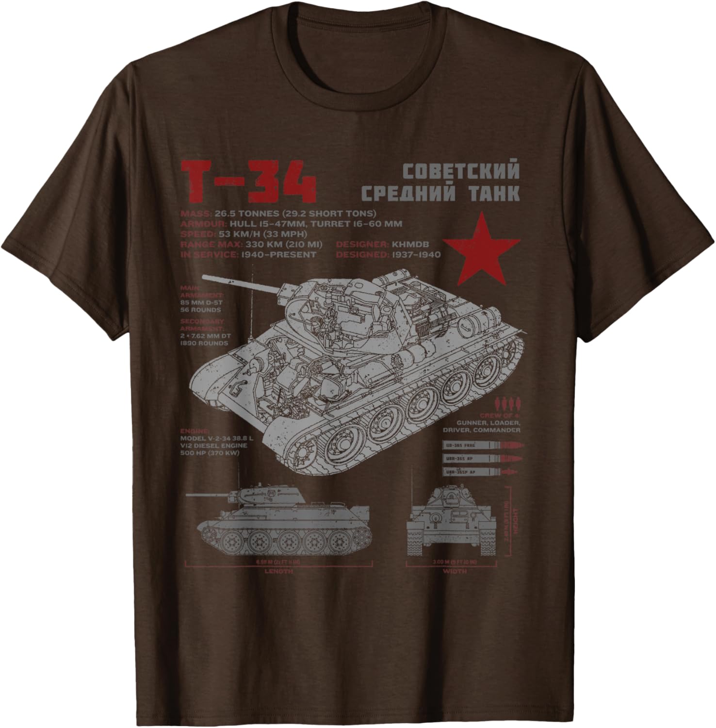 T-34 Soviet Tank T-Shirt Vintage World War 2 Technical Drawing Design - 2