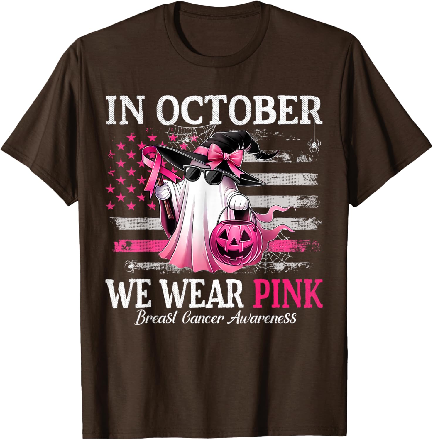 October Breast Cancer Awareness T-Shirt with Pink Ghost Witch Design - 1