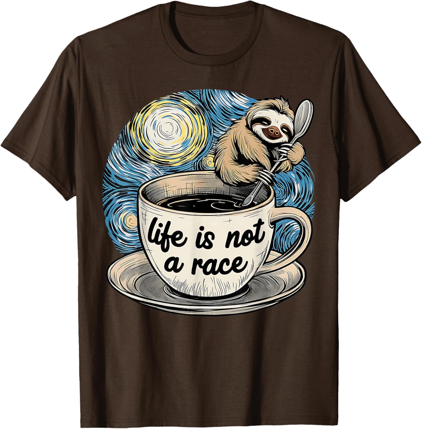 Van Gogh Starry Night Sloth Coffee T-Shirt Life Is Not A Race - 4