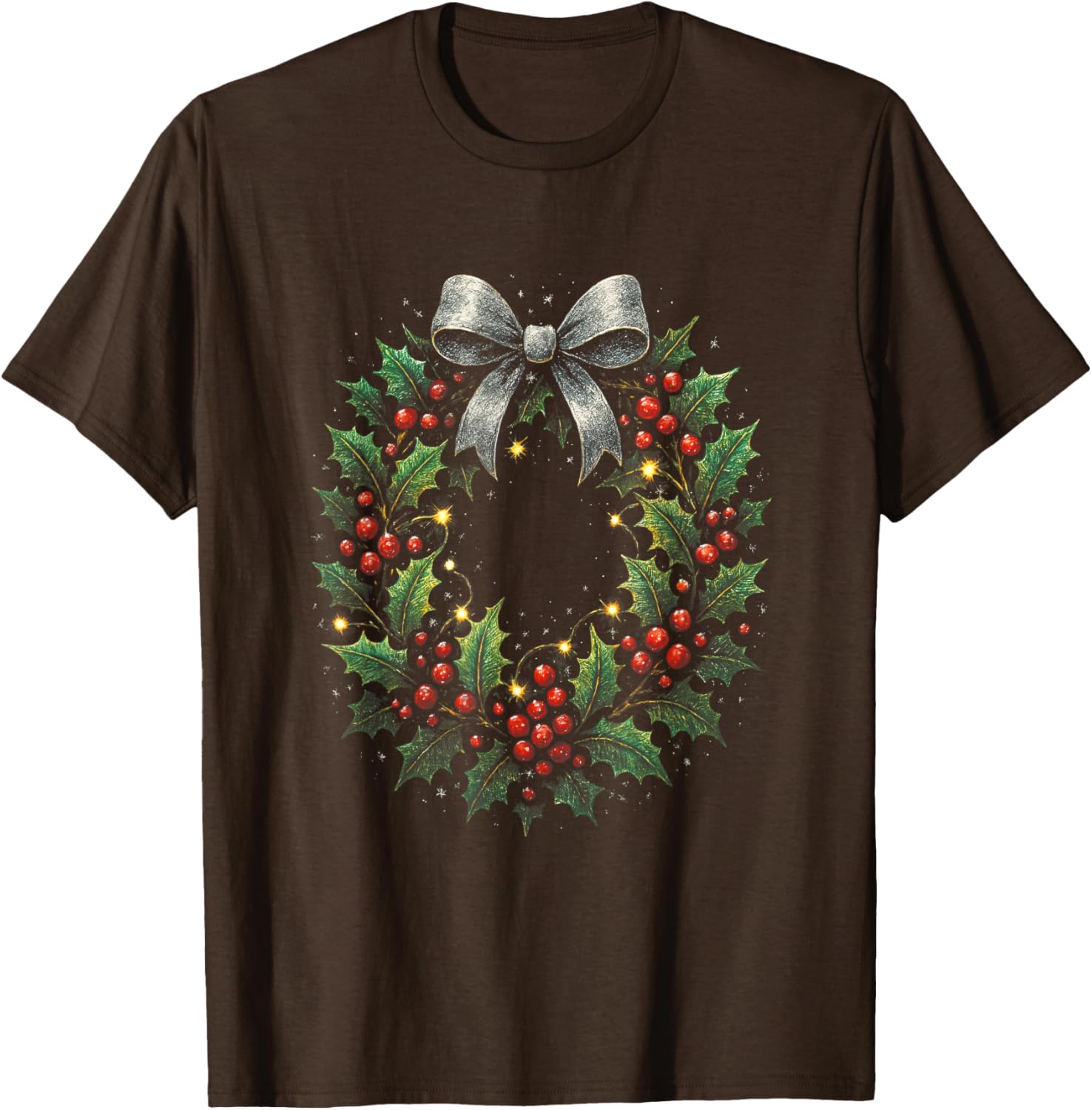 Festive Christmas Wreath T-Shirt with Berries and Lights for Holiday Cheer - 2