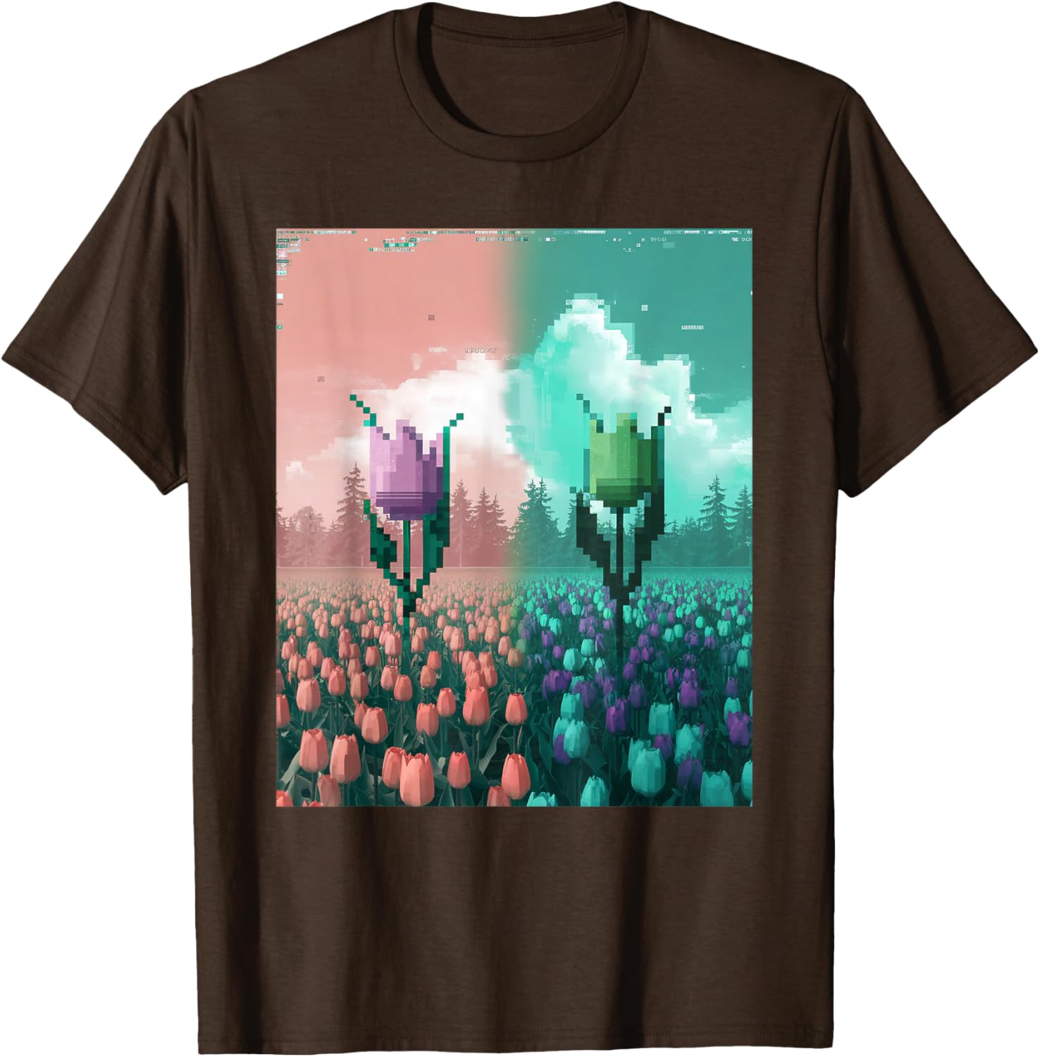 Pixel Tulip Retro Glitch Art T-Shirt for a Vibrant Easter Spring Look - 16