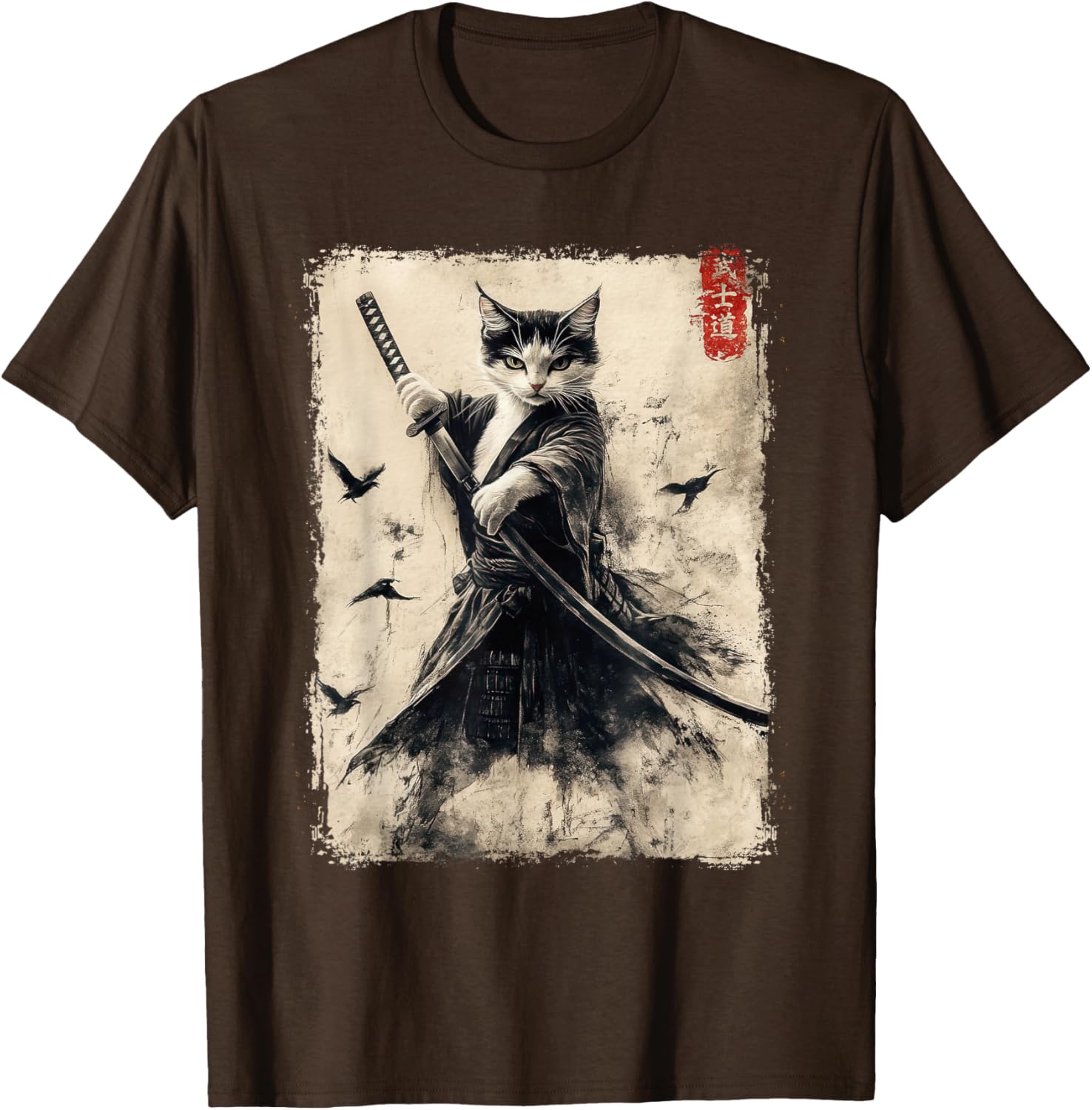 Samurai Cat Vintage Anime Graphic Tee – Cool Japanese Art T-Shirt - 7