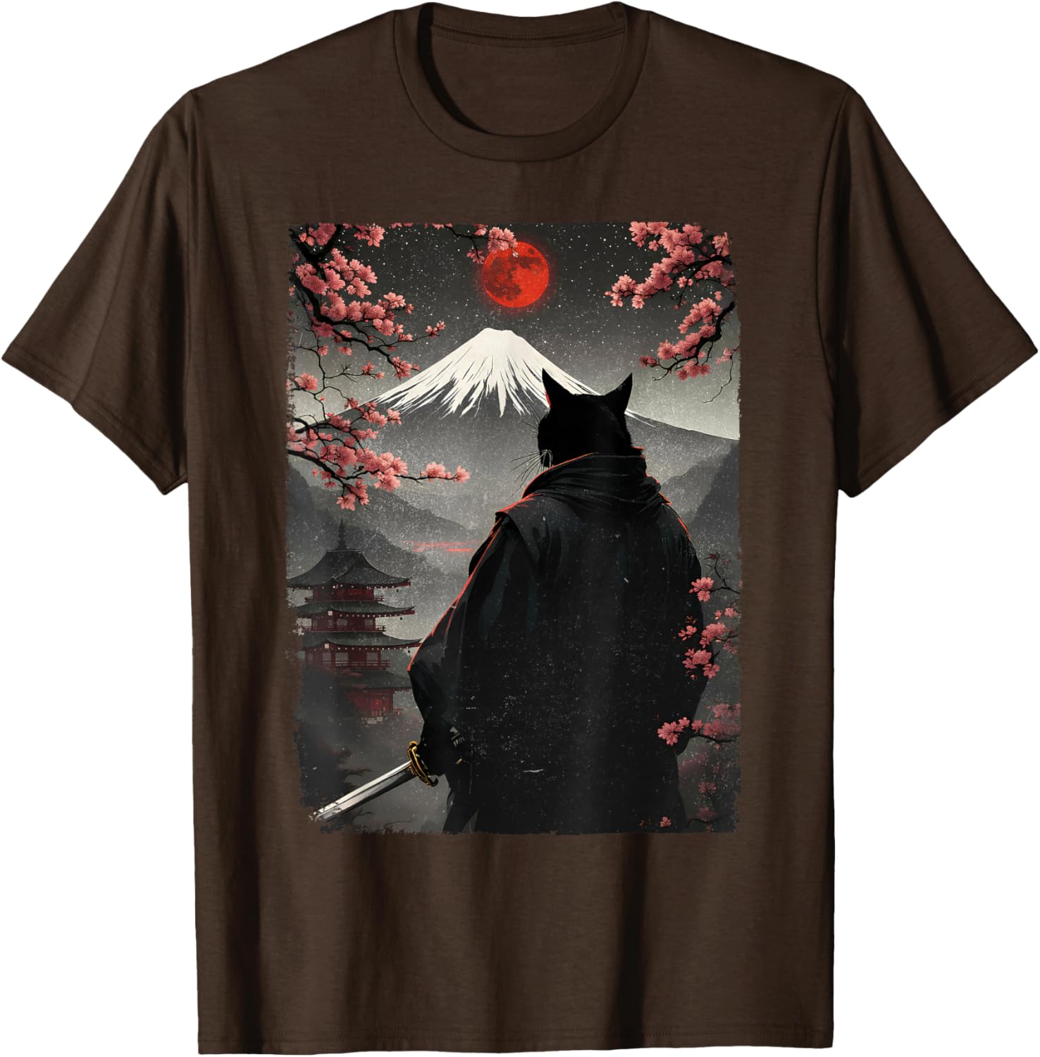 Samurai Cat Warrior Graphic T-Shirt with Blood Moon and Mount Fuji Design - 23