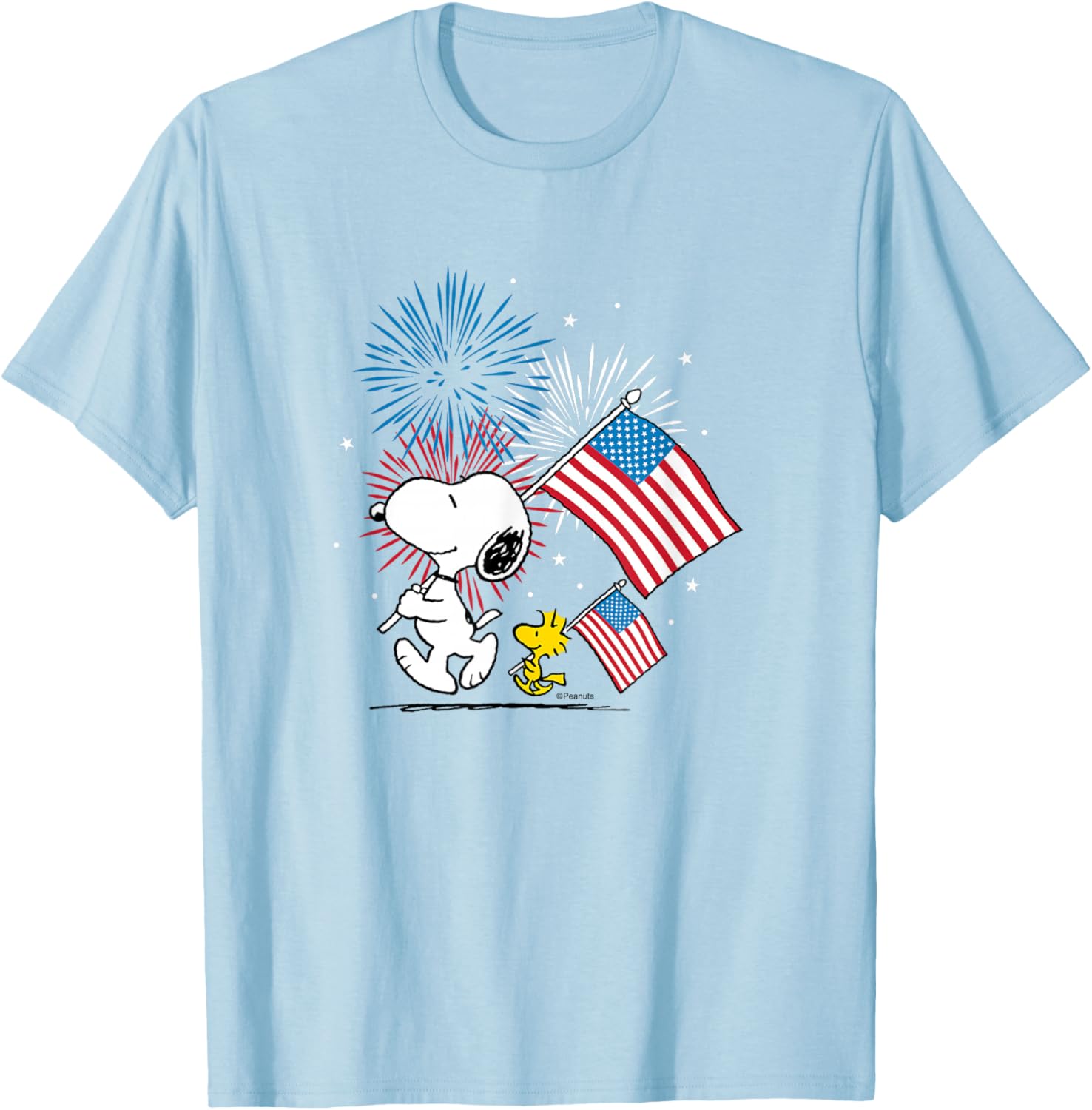 Snoopy and Woodstock American Flags Fireworks T-Shirt for Fun Celebrations - 2