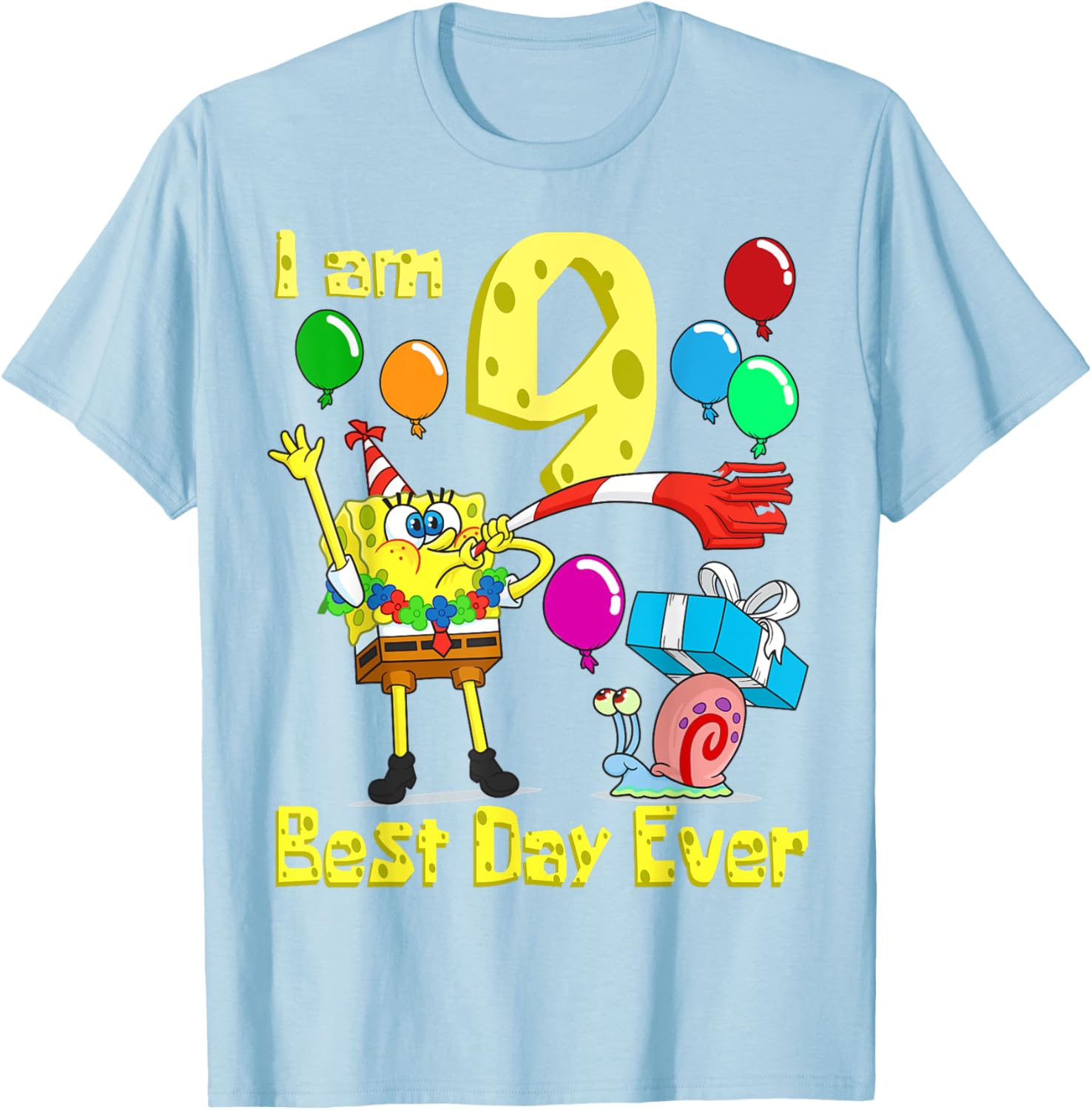 SpongeBob I Am 9 Years Old Birthday Party T-Shirt for Kids Fun Gift - 9