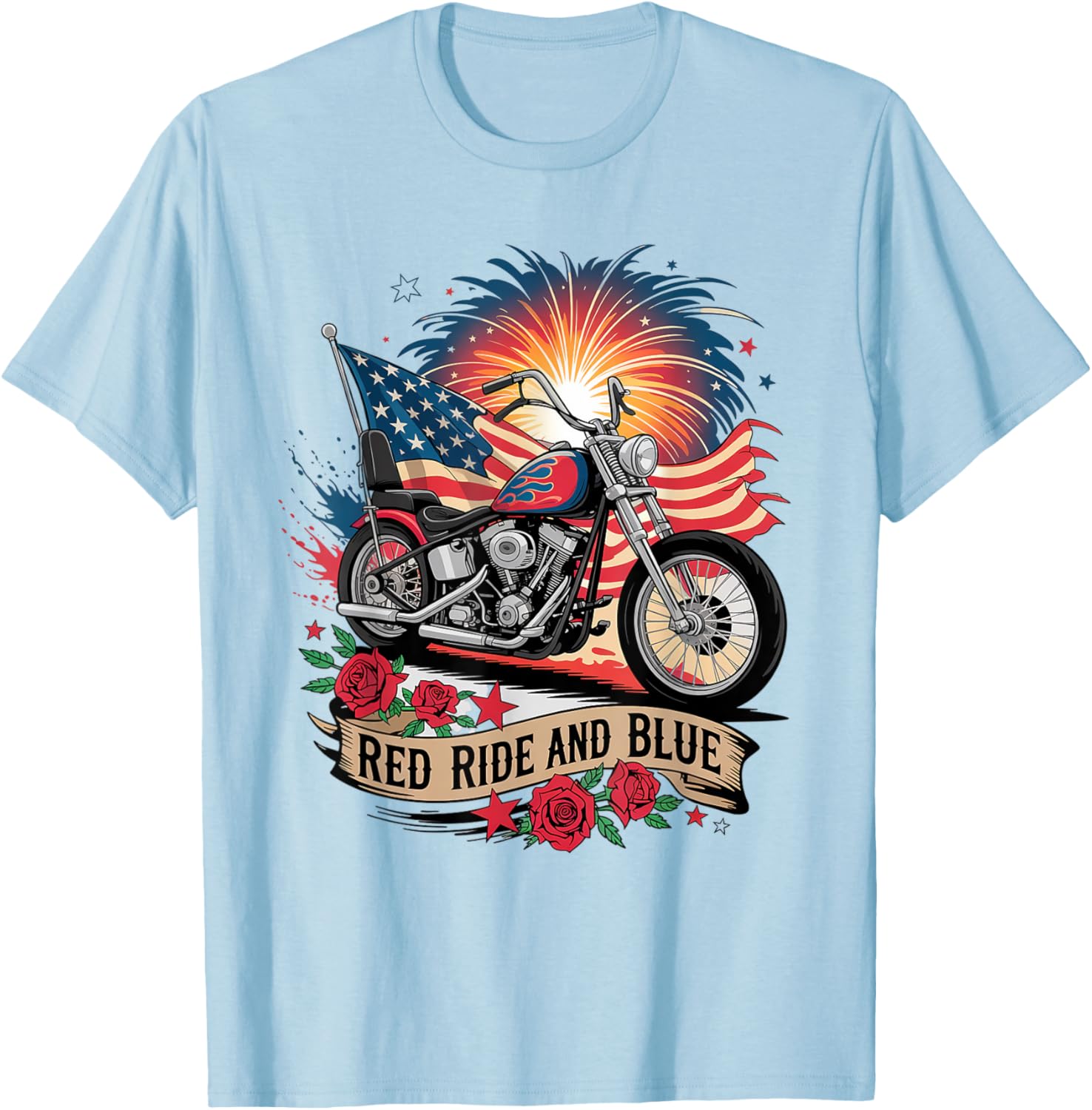 Patriotic USA Biker T-Shirt with Red Ride & Blue American Flag Design - 2