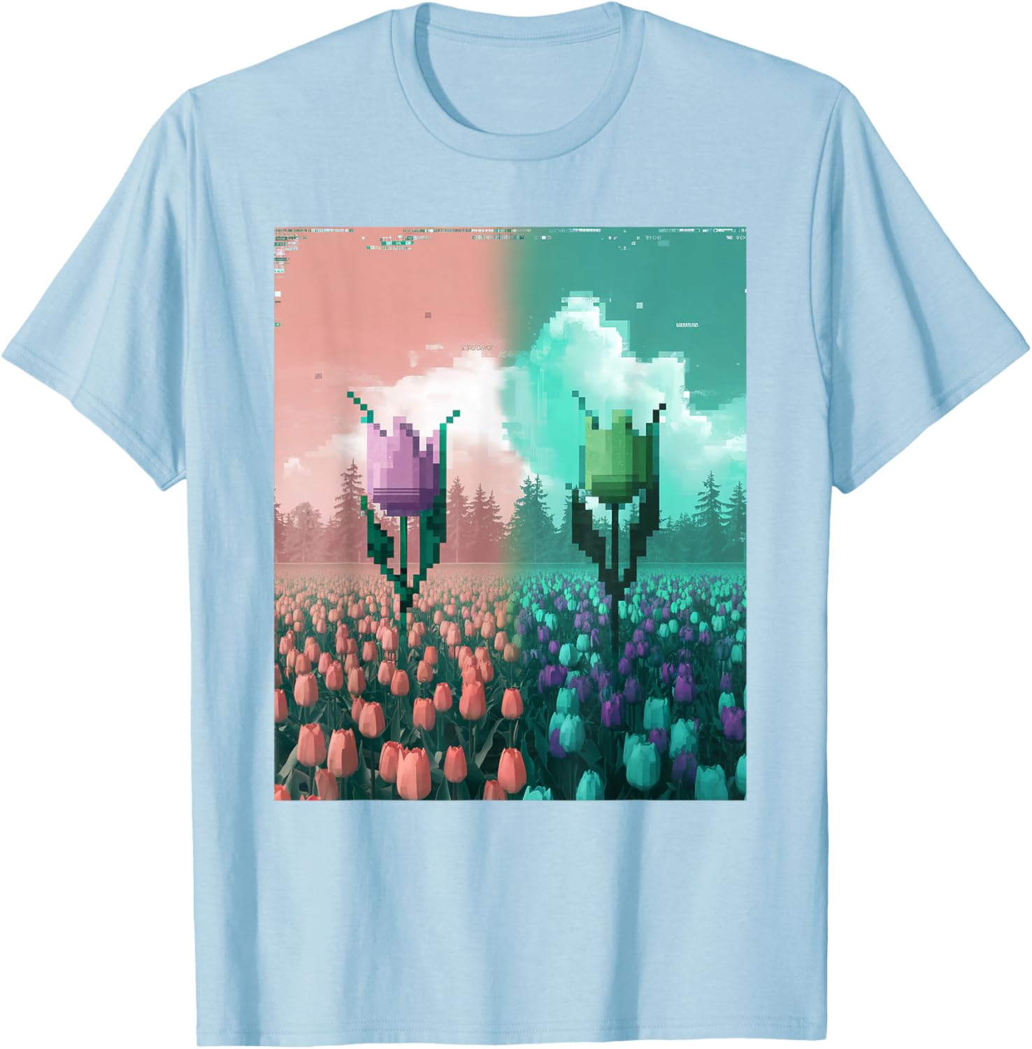 Pixel Tulip Retro Glitch Art T-Shirt for a Vibrant Easter Spring Look - 5