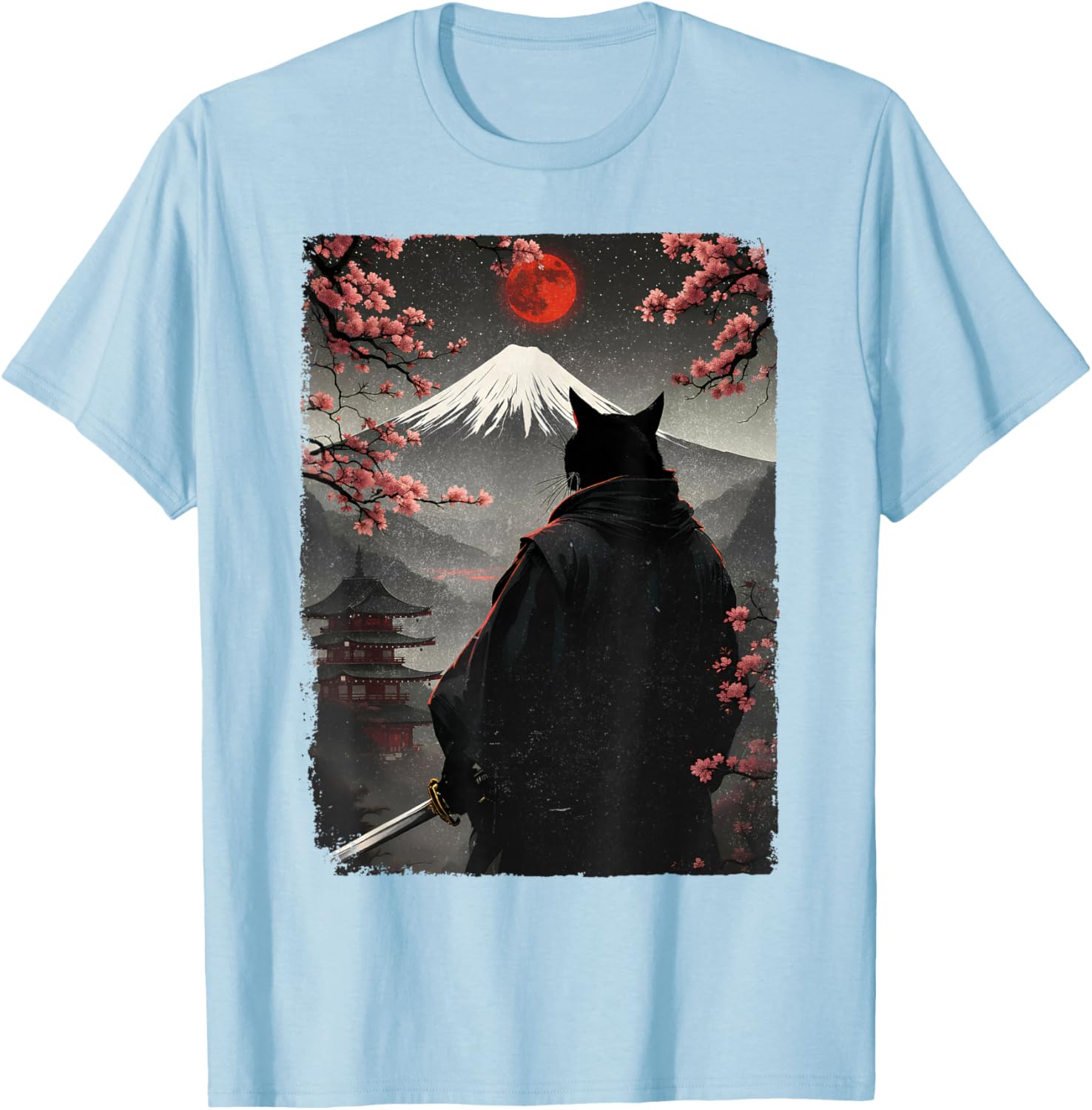 Samurai Cat Warrior Graphic T-Shirt with Blood Moon and Mount Fuji Design - 6