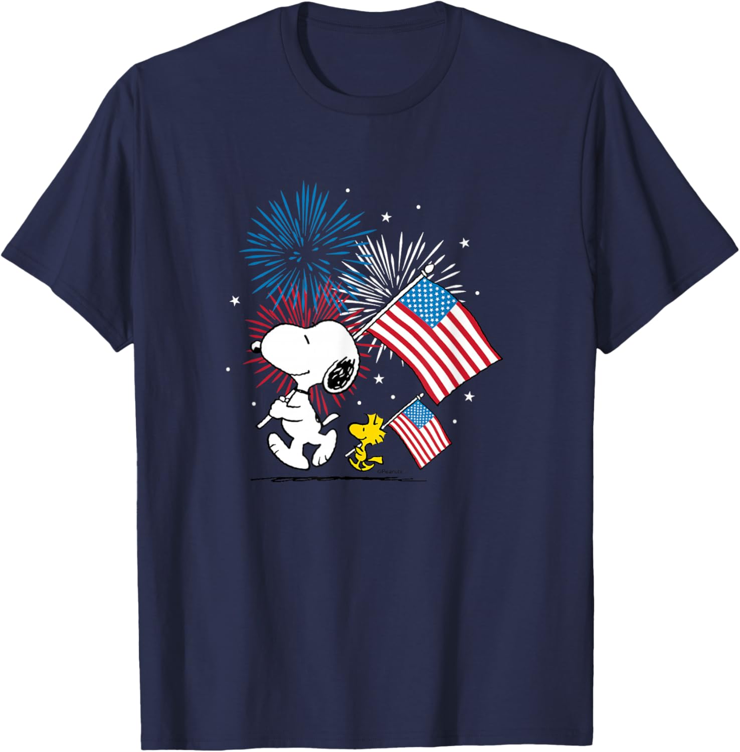 Snoopy and Woodstock American Flags Fireworks T-Shirt for Fun Celebrations - 1