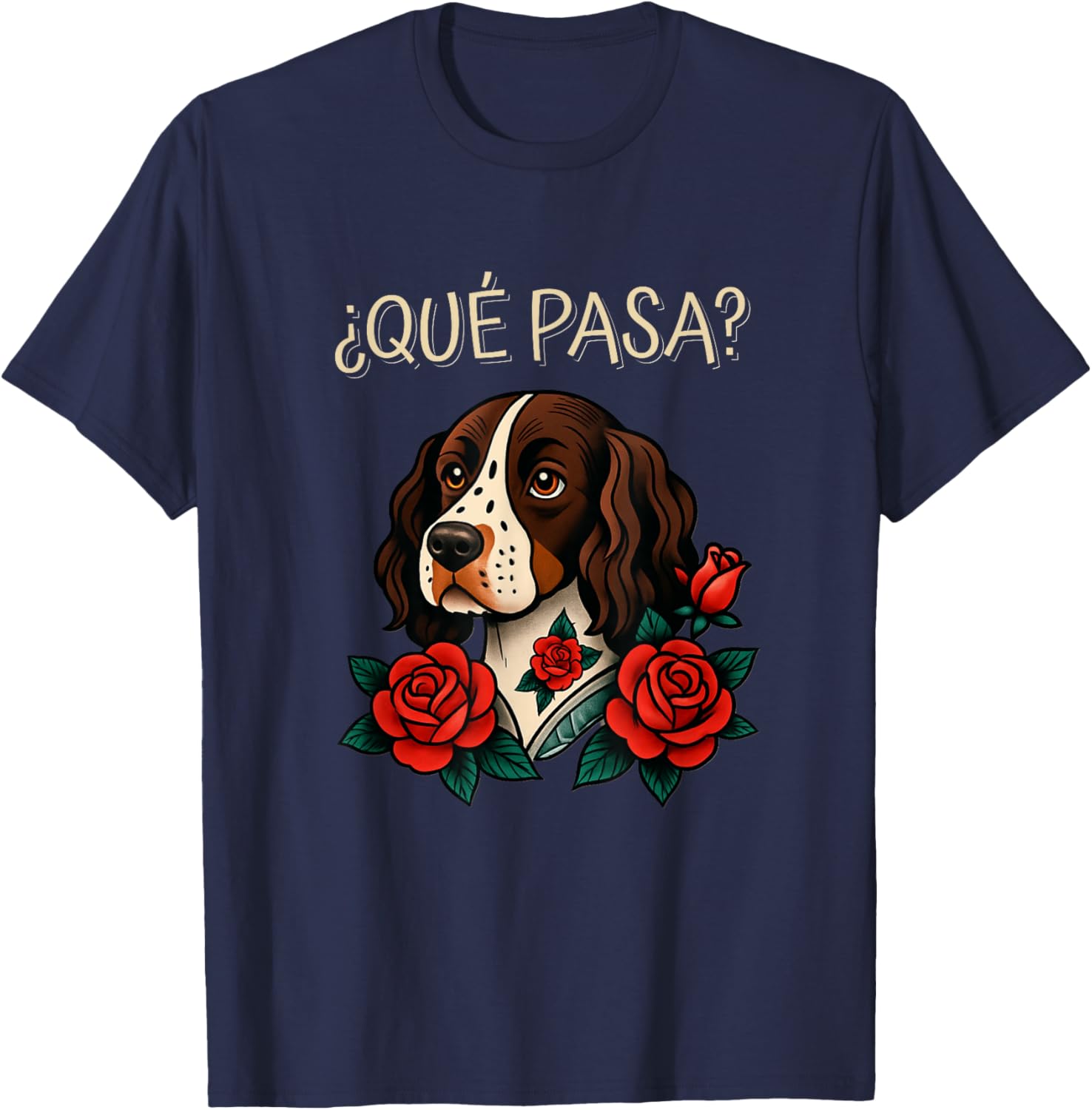 Que Pasa English Springer Spaniel Roses Tattoo Style T-Shirt for Dog Lovers - 3