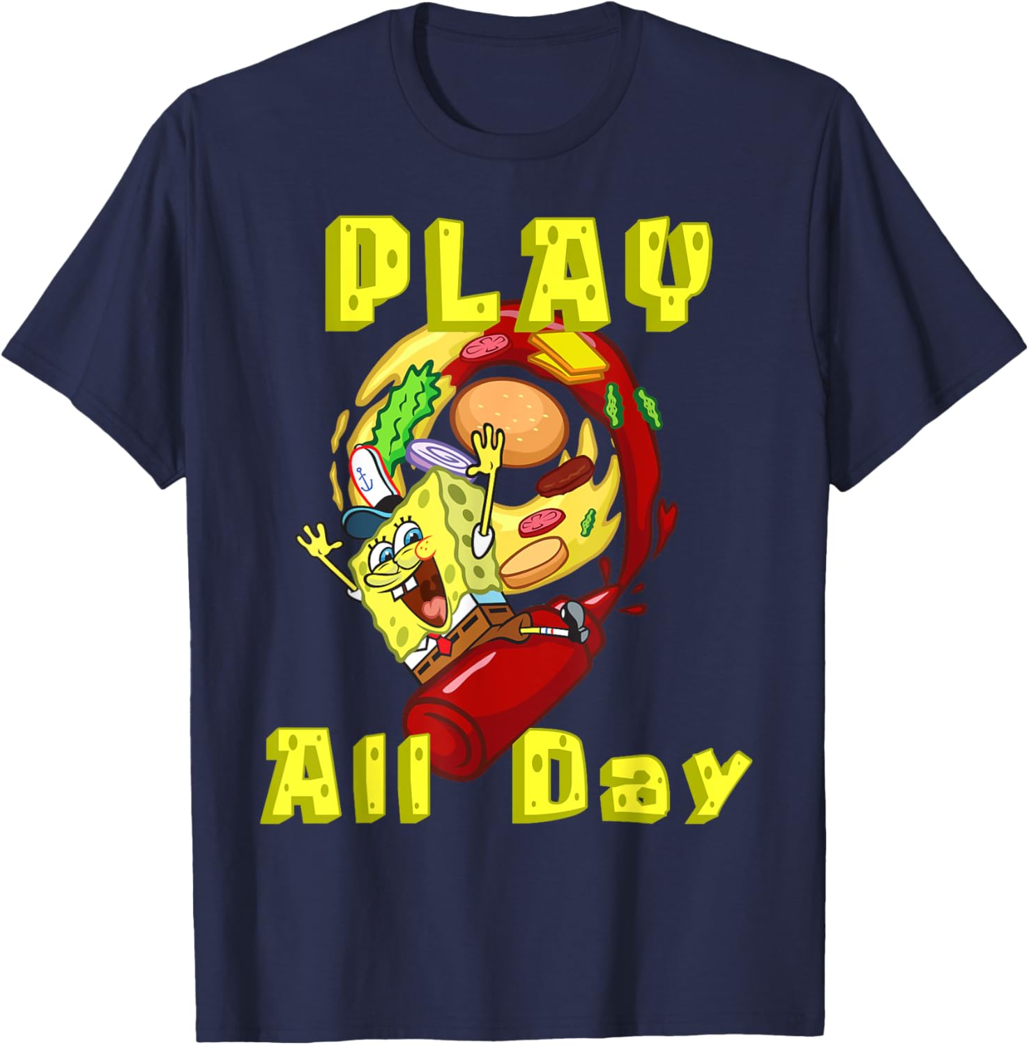 SpongeBob Play All Day T-Shirt with Fun Burger Ketchup Design - 8