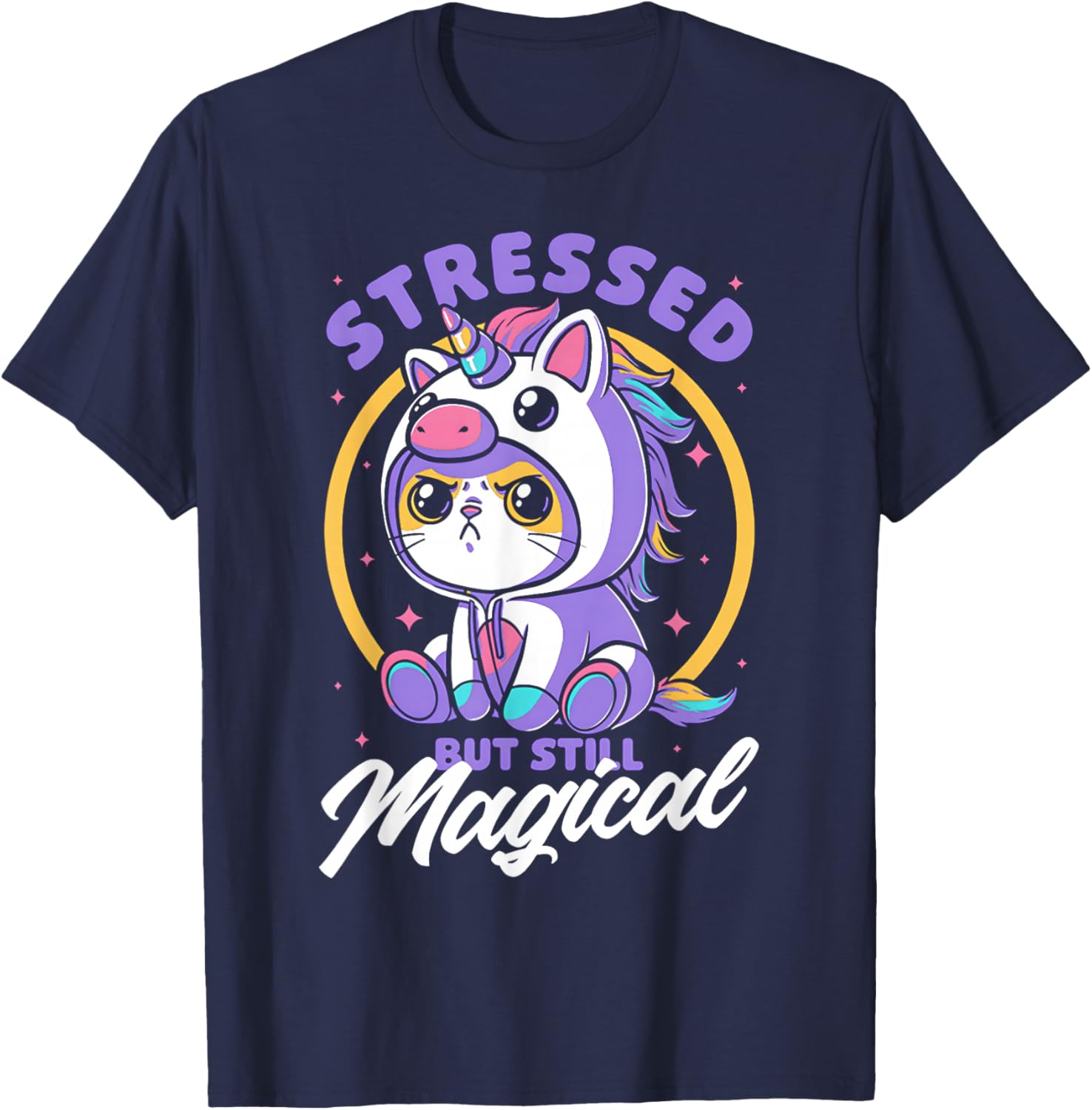Stressed But Still Magical Cute Cat Unicorn T-Shirt for Cat Lovers - 3