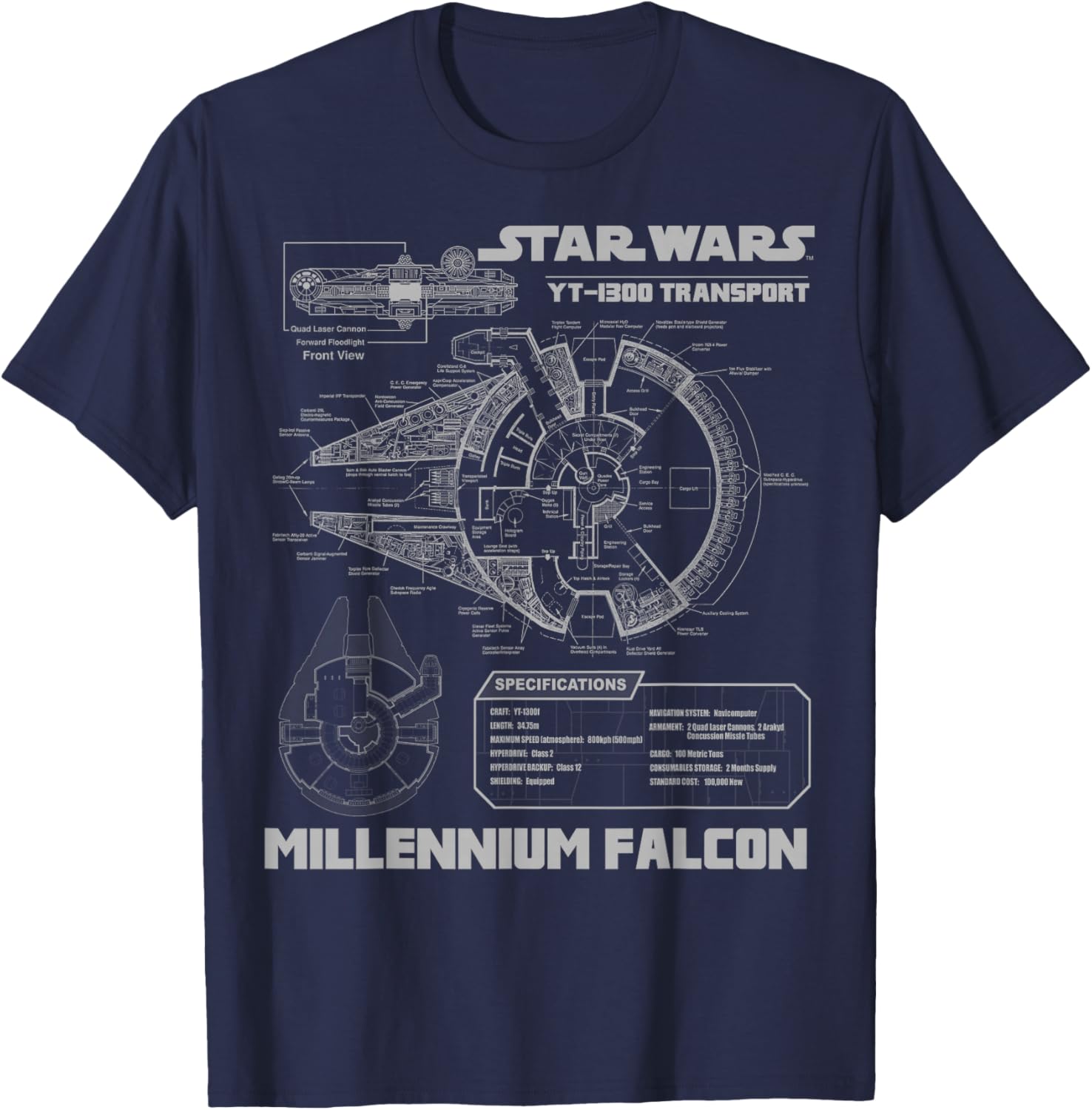 Star Wars Millennium Falcon Grey Schematics Graphic T-Shirt for Fans - 2