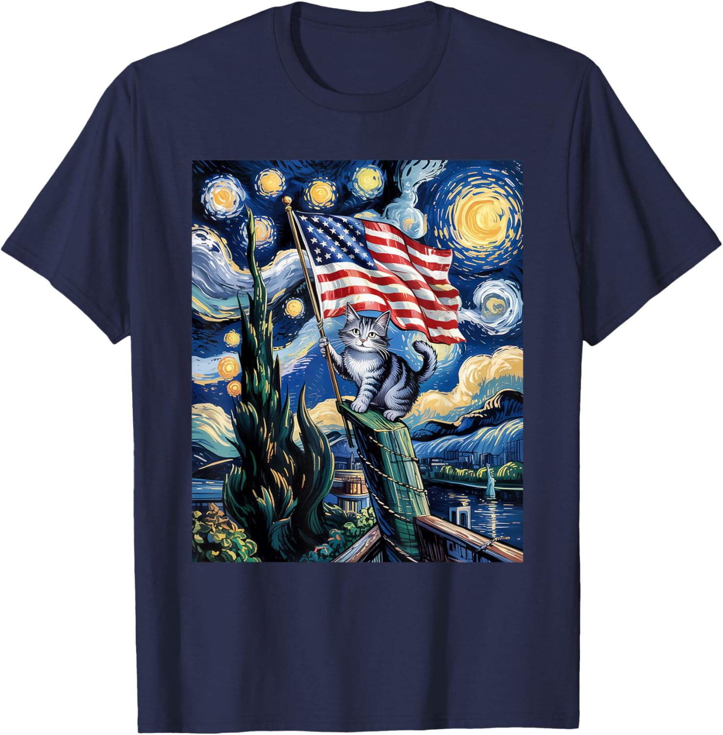 Starry Night Patriotic Cat T-Shirt for 4th of July Celebrate in Style - 22
