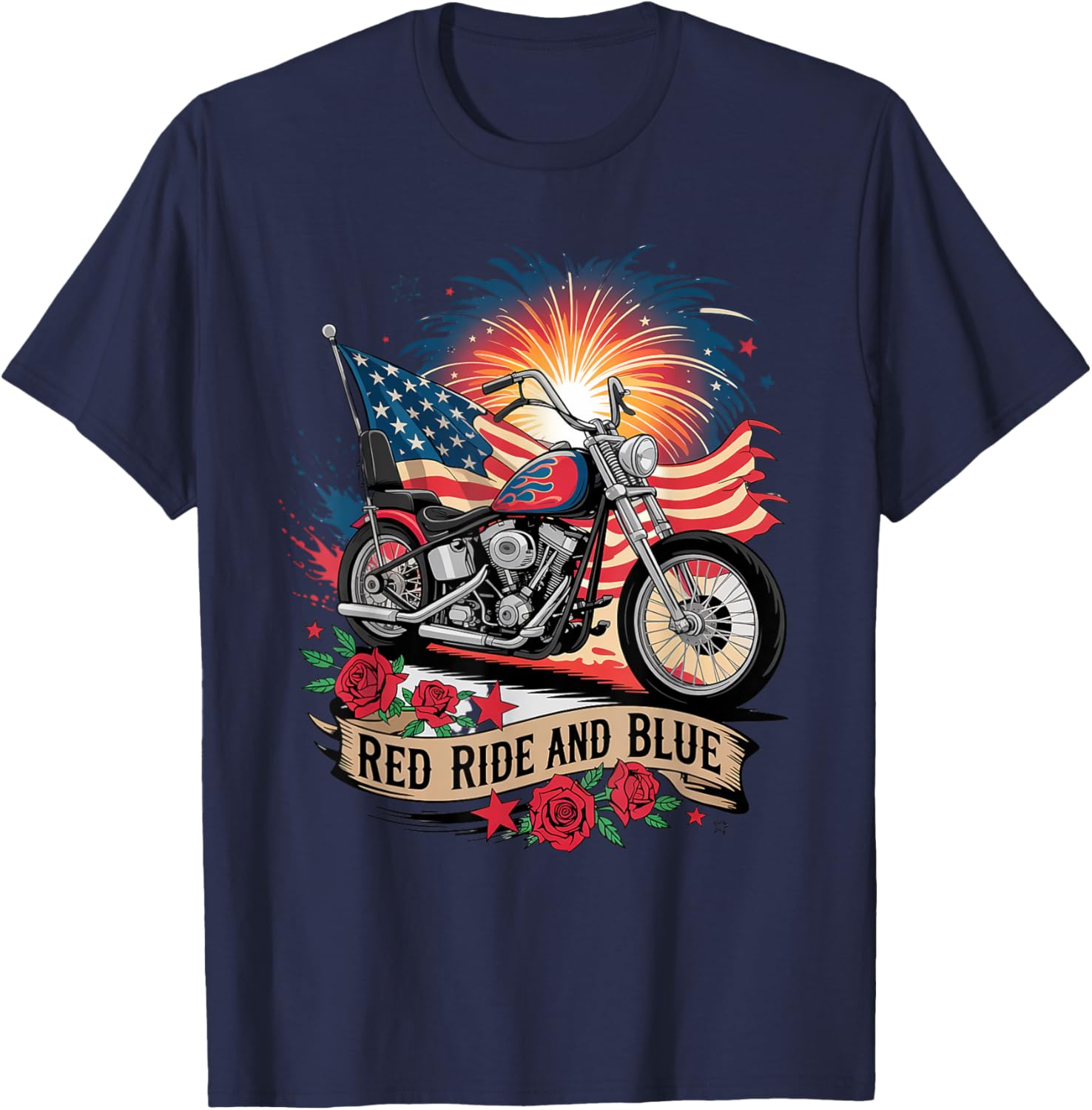 Patriotic USA Biker T-Shirt with Red Ride & Blue American Flag Design - 7