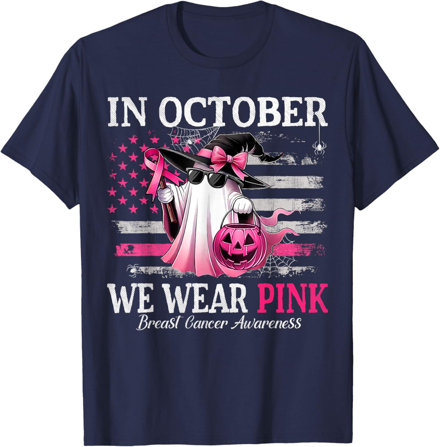 October Breast Cancer Awareness T-Shirt with Pink Ghost Witch Design - 11