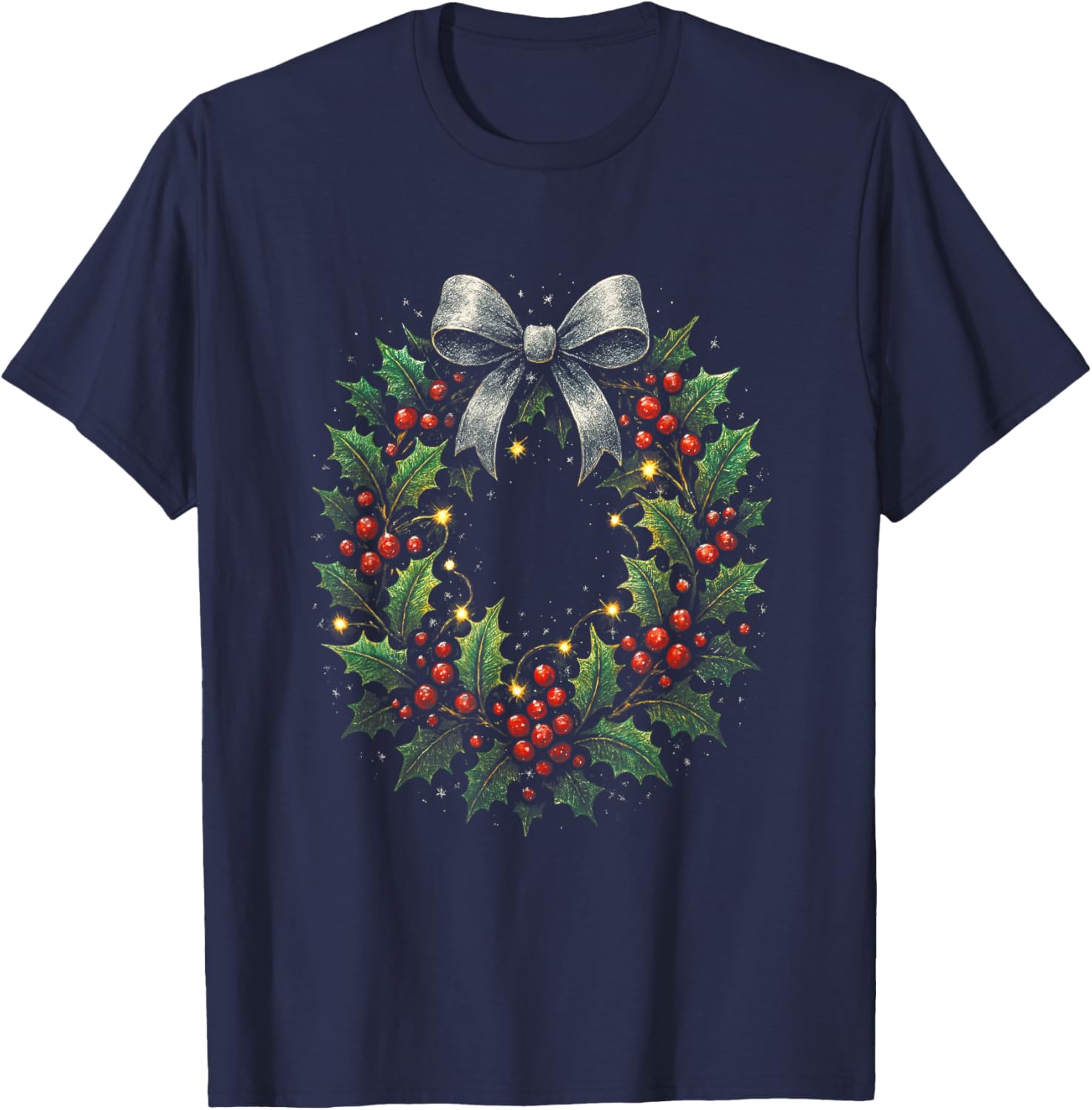 Festive Christmas Wreath T-Shirt with Berries and Lights for Holiday Cheer - 1