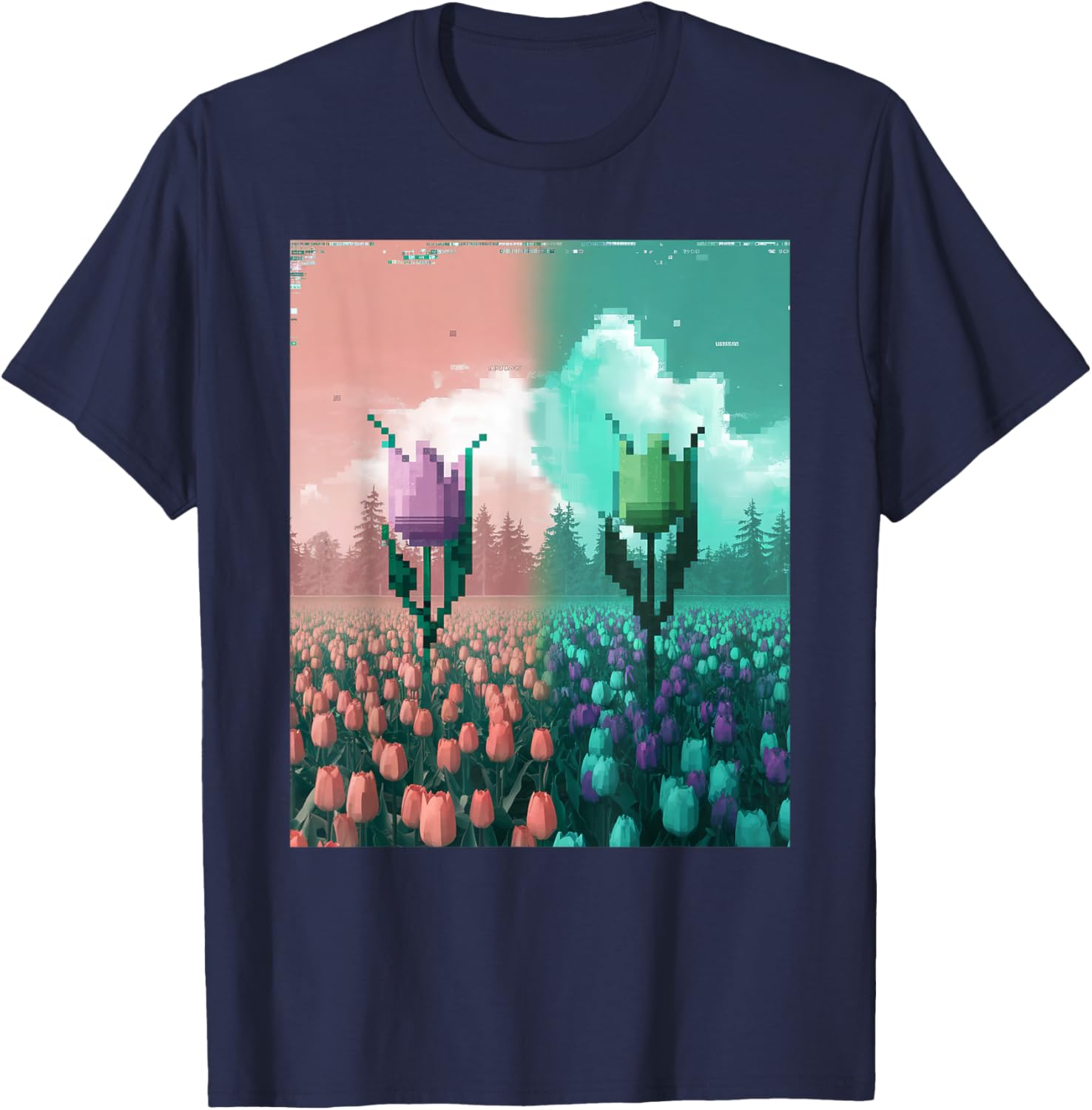 Pixel Tulip Retro Glitch Art T-Shirt for a Vibrant Easter Spring Look - 14