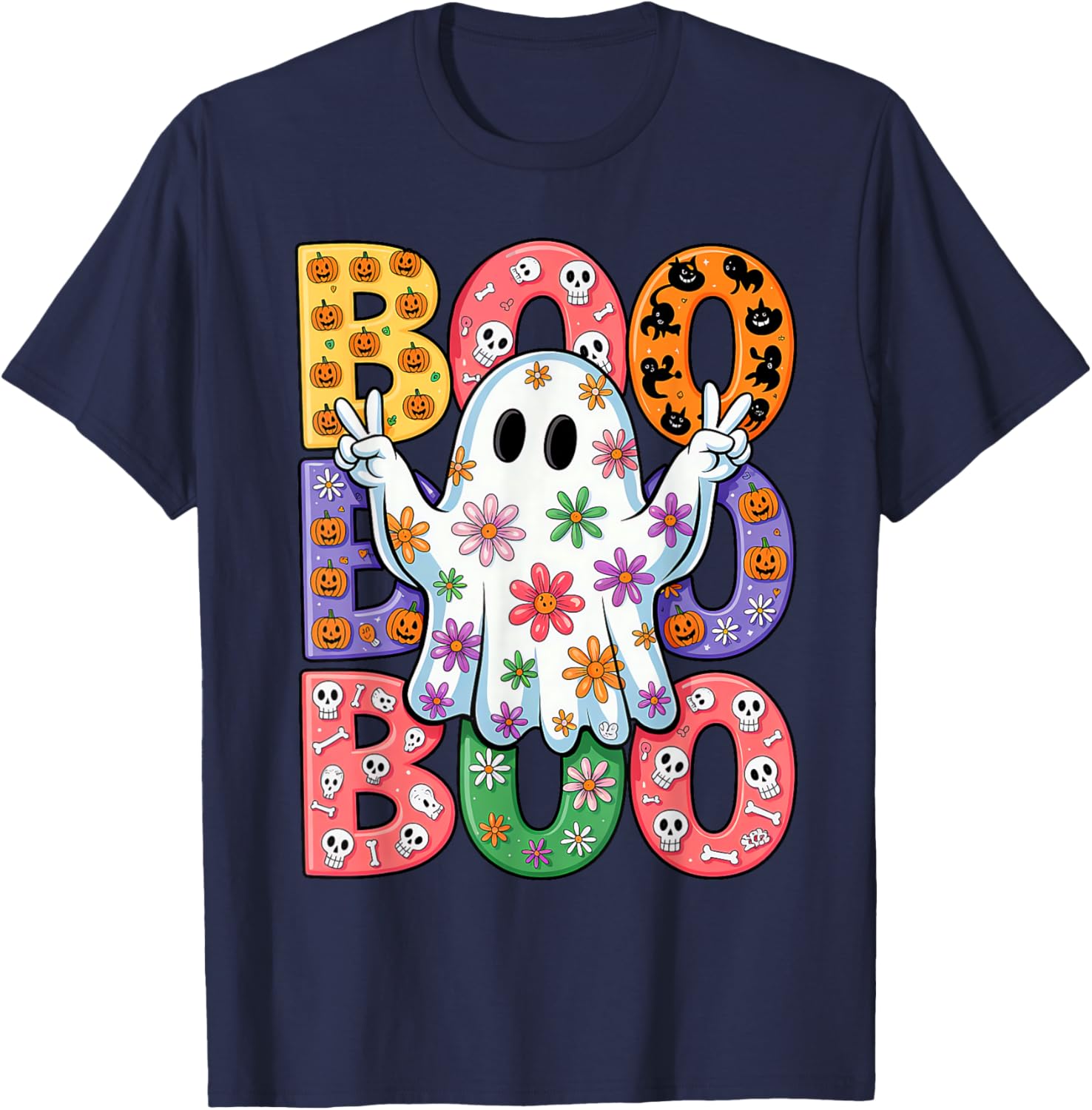 Cute Ghost Floral Halloween T-Shirt for Kids - Spooky Season Fun - 1