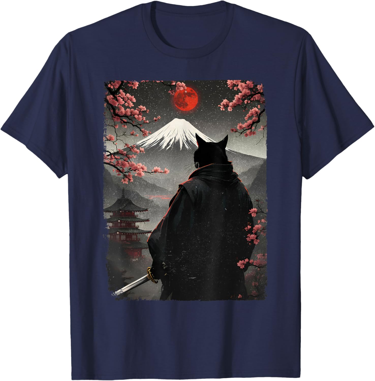 Samurai Cat Warrior Graphic T-Shirt with Blood Moon and Mount Fuji Design - 28