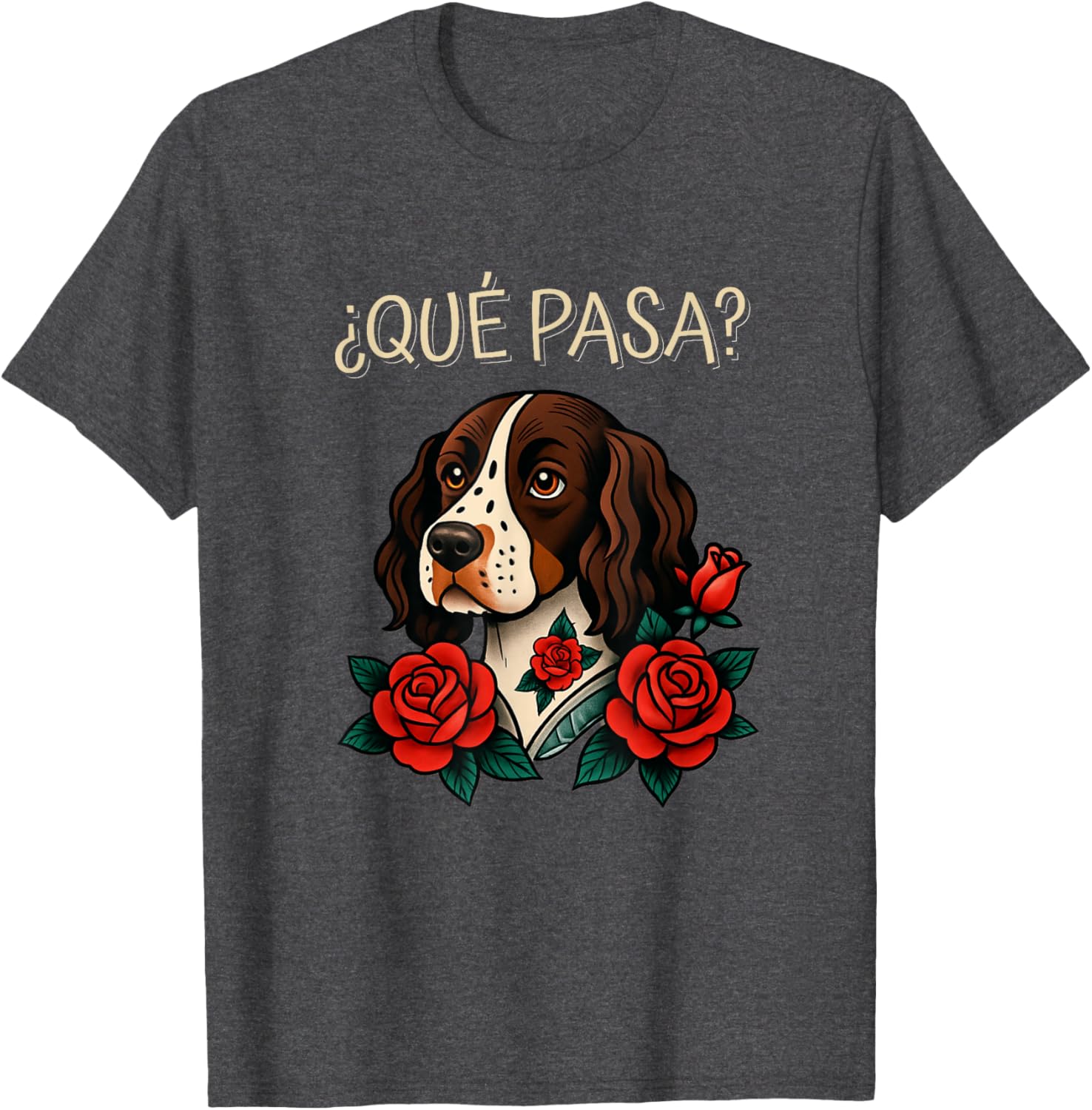 Que Pasa English Springer Spaniel Roses Tattoo Style T-Shirt for Dog Lovers - 5