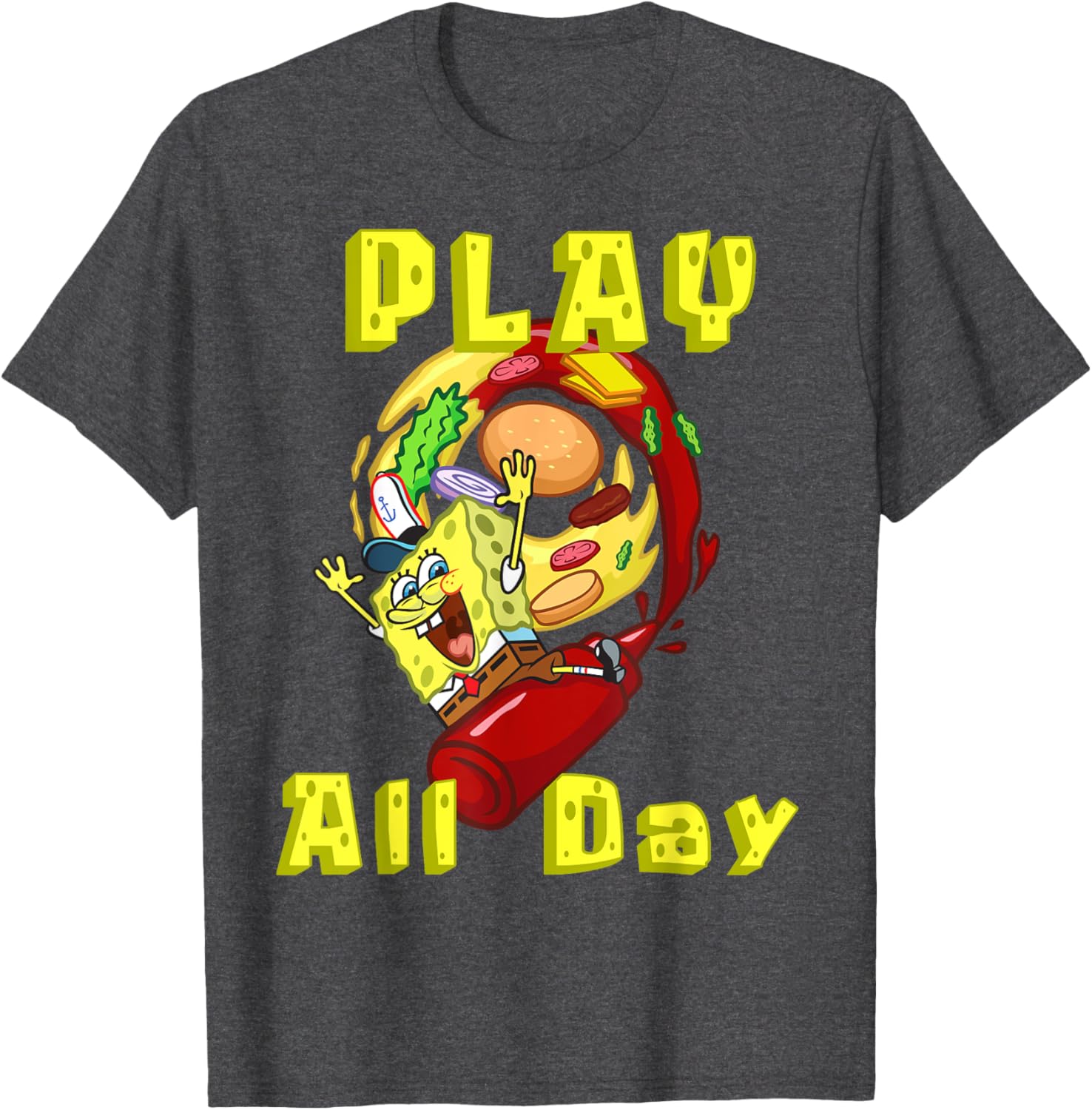 SpongeBob Play All Day T-Shirt with Fun Burger Ketchup Design - 7