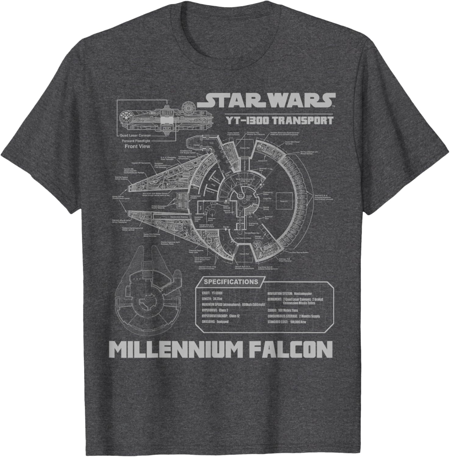 Star Wars Millennium Falcon Grey Schematics Graphic T-Shirt for Fans - 11