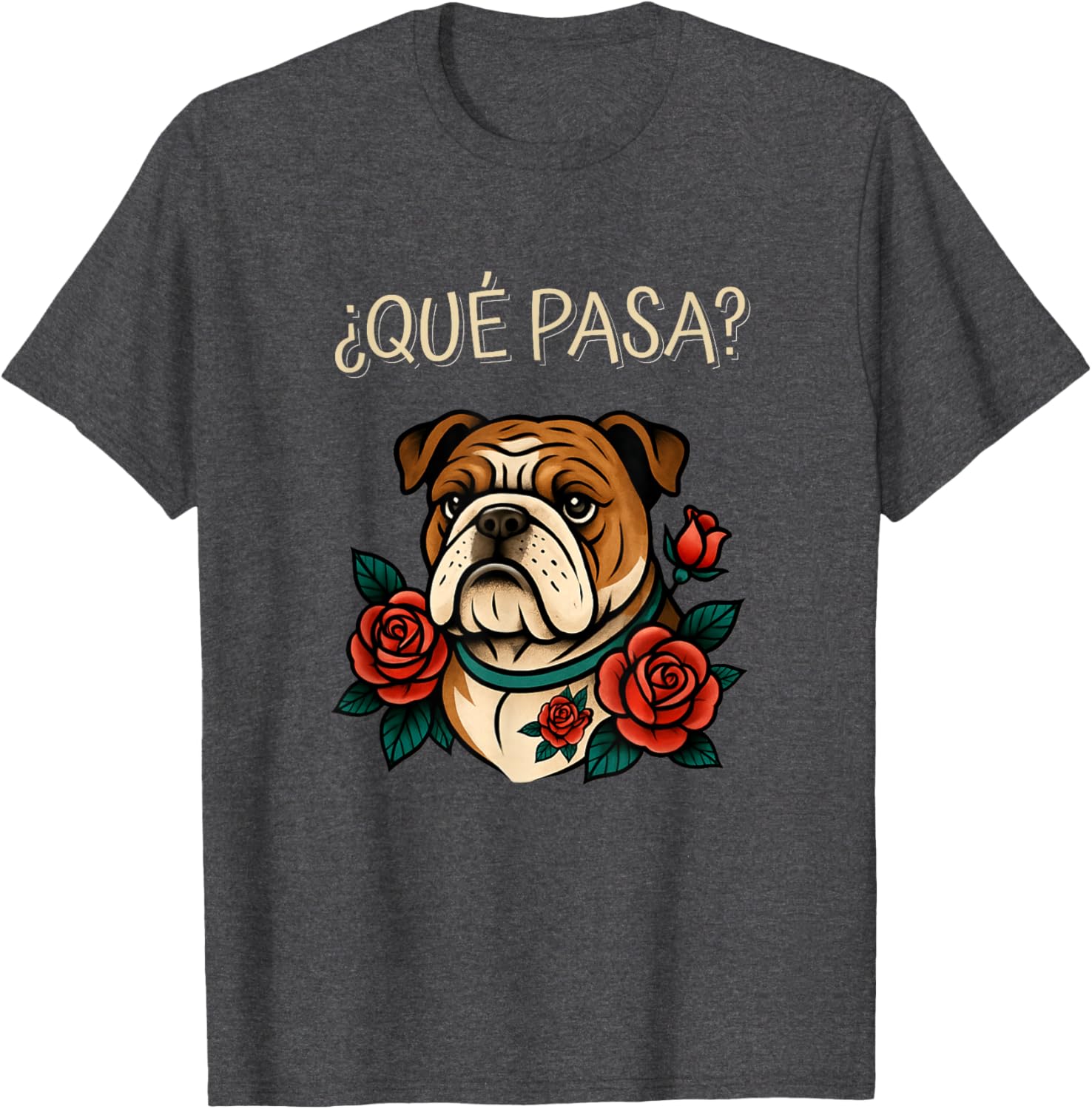 Que Pasa English Bulldog Roses Tattoo Style T-Shirt for Dog Lovers - 2