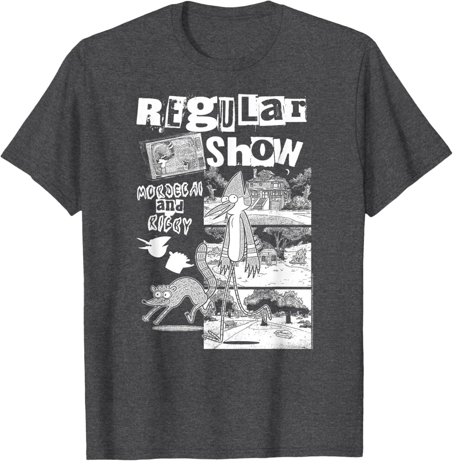 Regular Show Punk Zine Black and White Cartoon Collage T-Shirt for Fans - 1