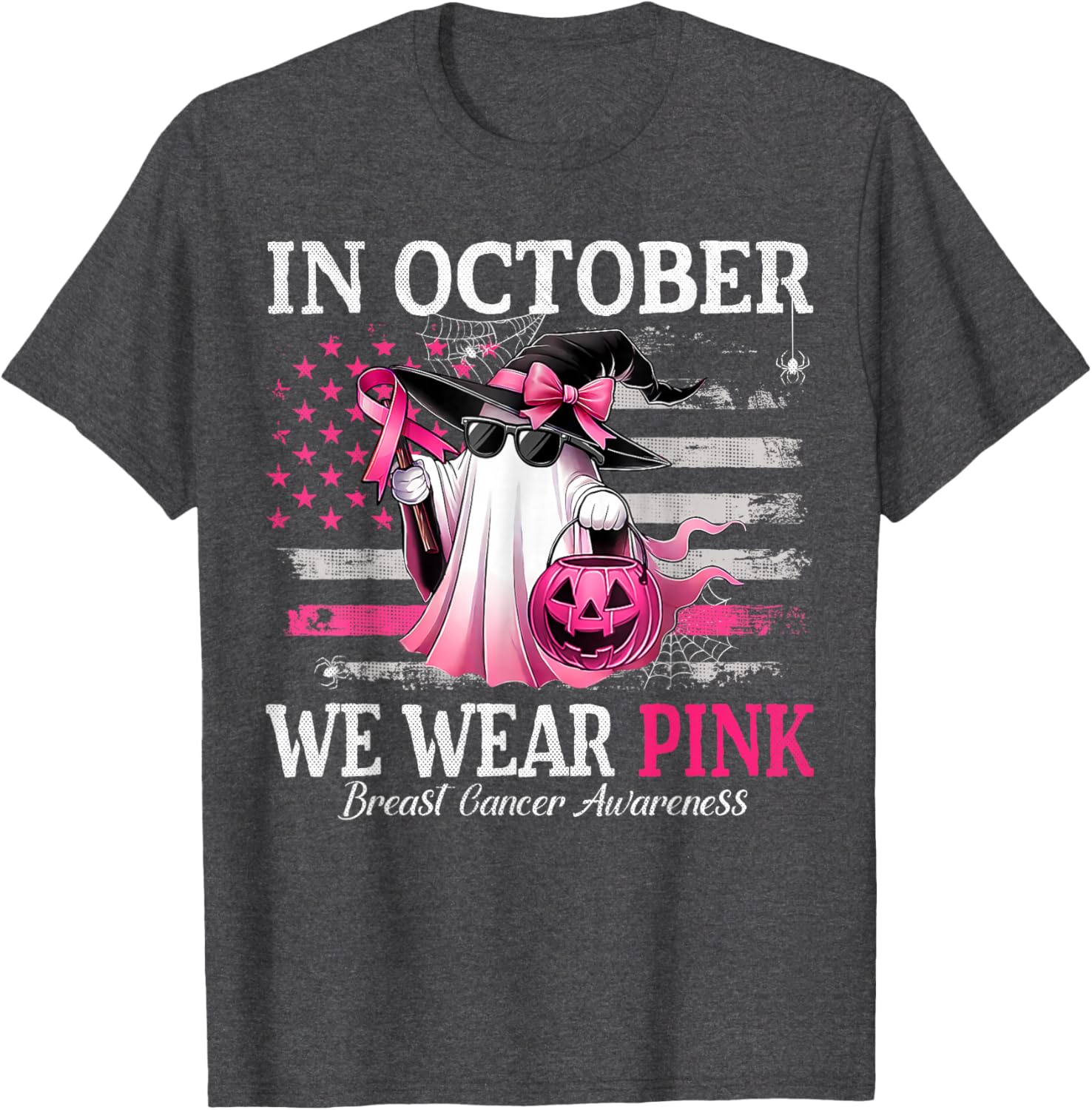 October Breast Cancer Awareness T-Shirt with Pink Ghost Witch Design - 21