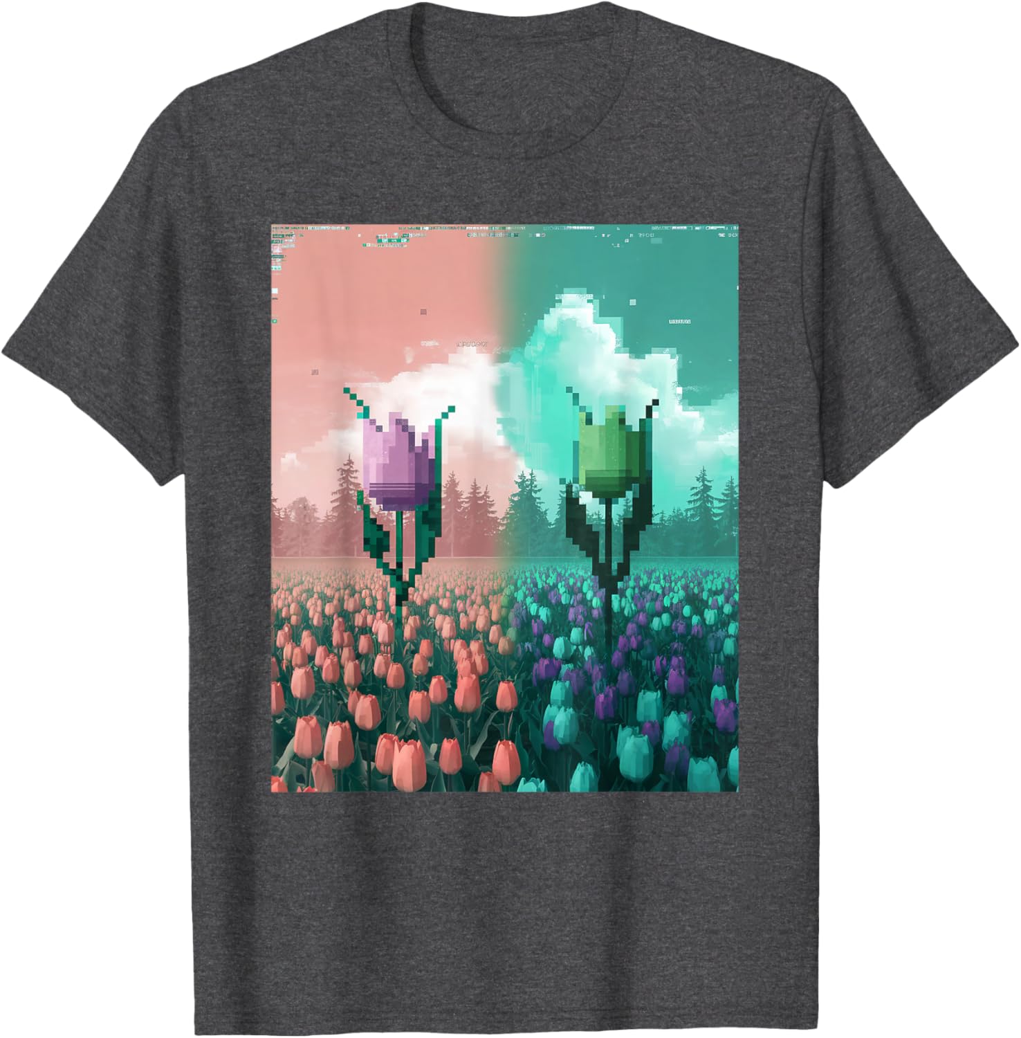 Pixel Tulip Retro Glitch Art T-Shirt for a Vibrant Easter Spring Look - 6
