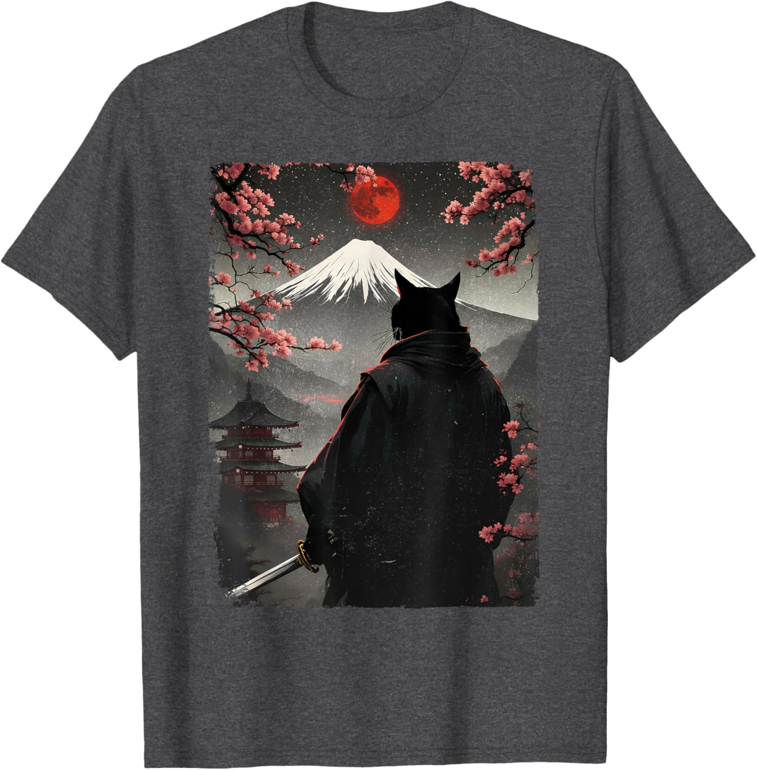 Samurai Cat Warrior Graphic T-Shirt with Blood Moon and Mount Fuji Design - 22