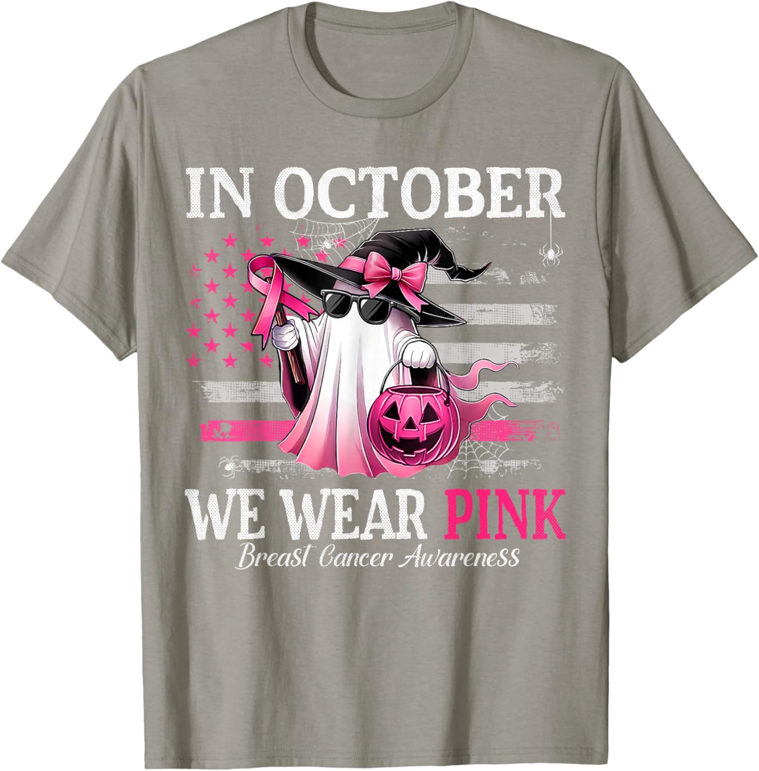 October Breast Cancer Awareness T-Shirt with Pink Ghost Witch Design - 6